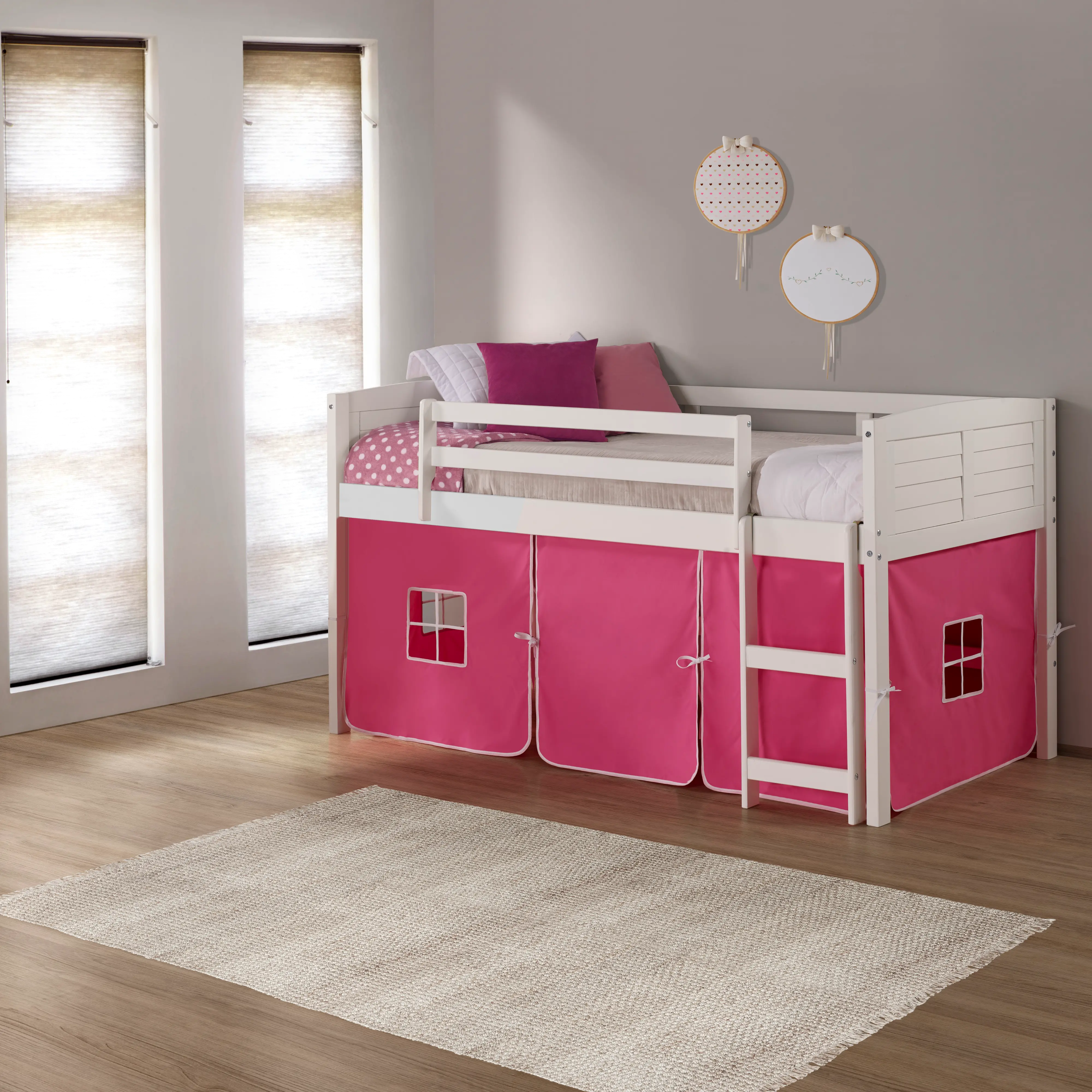 Louver White Twin Loft Bed with Pink Tent