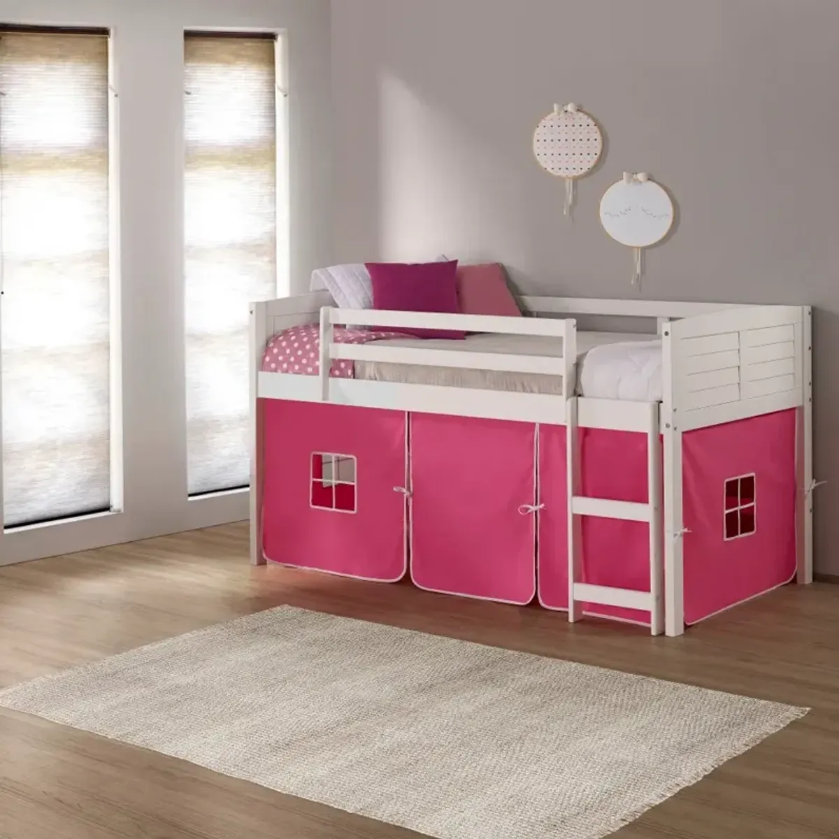 Louver White Twin Loft Bed with Pink Tent