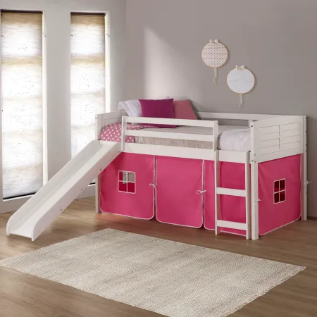 Louver White Twin Loft Bed with Pink Tent and Slide