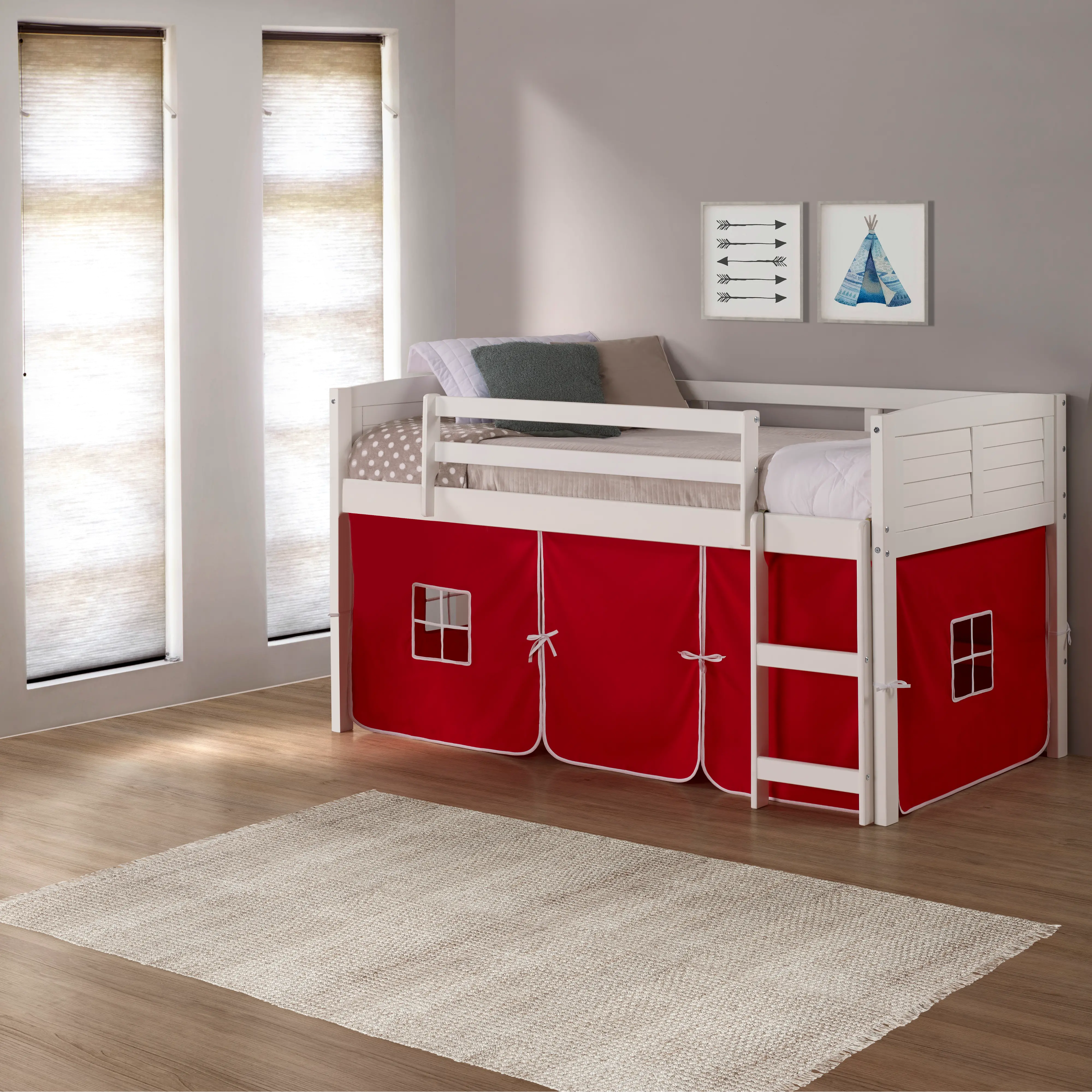 Louver White Twin Loft Bed with Red Tent