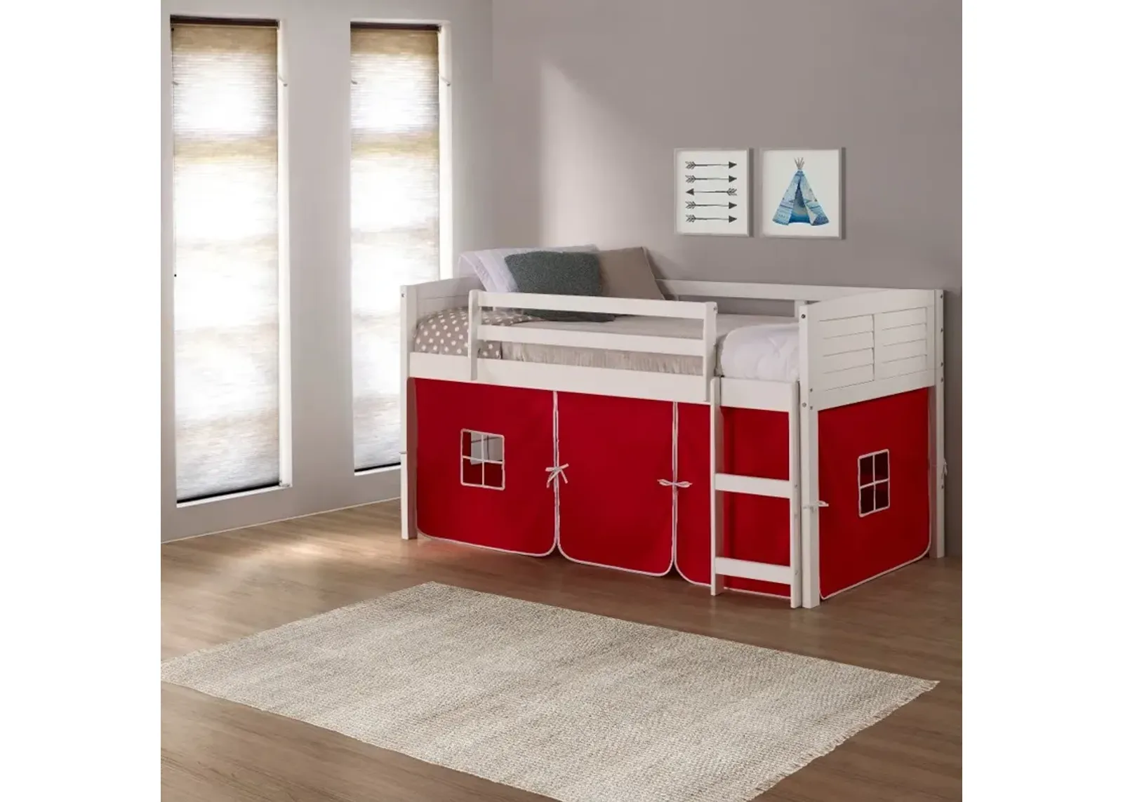 Louver White Twin Loft Bed with Red Tent