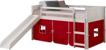 Louver White Twin Loft Bed with Red Tent and Slide