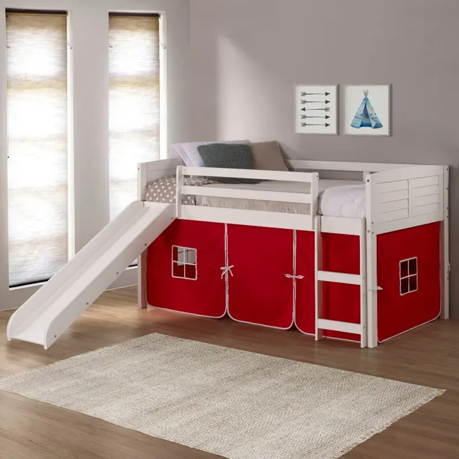 Louver White Twin Loft Bed with Red Tent and Slide