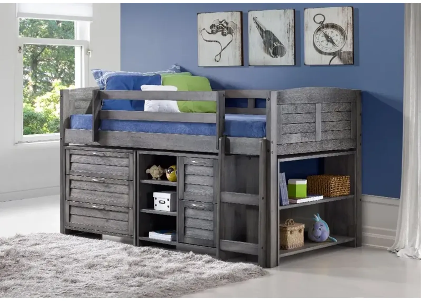 Louver Antique Gray Low Loft Bed Style A