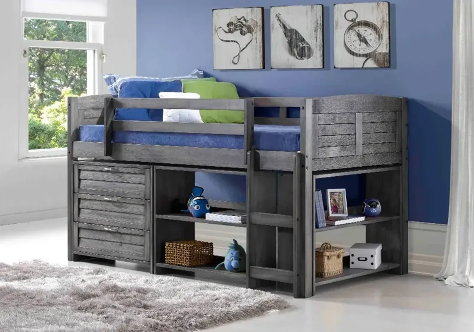 Louver Antique Gray Low Loft Bed Style B