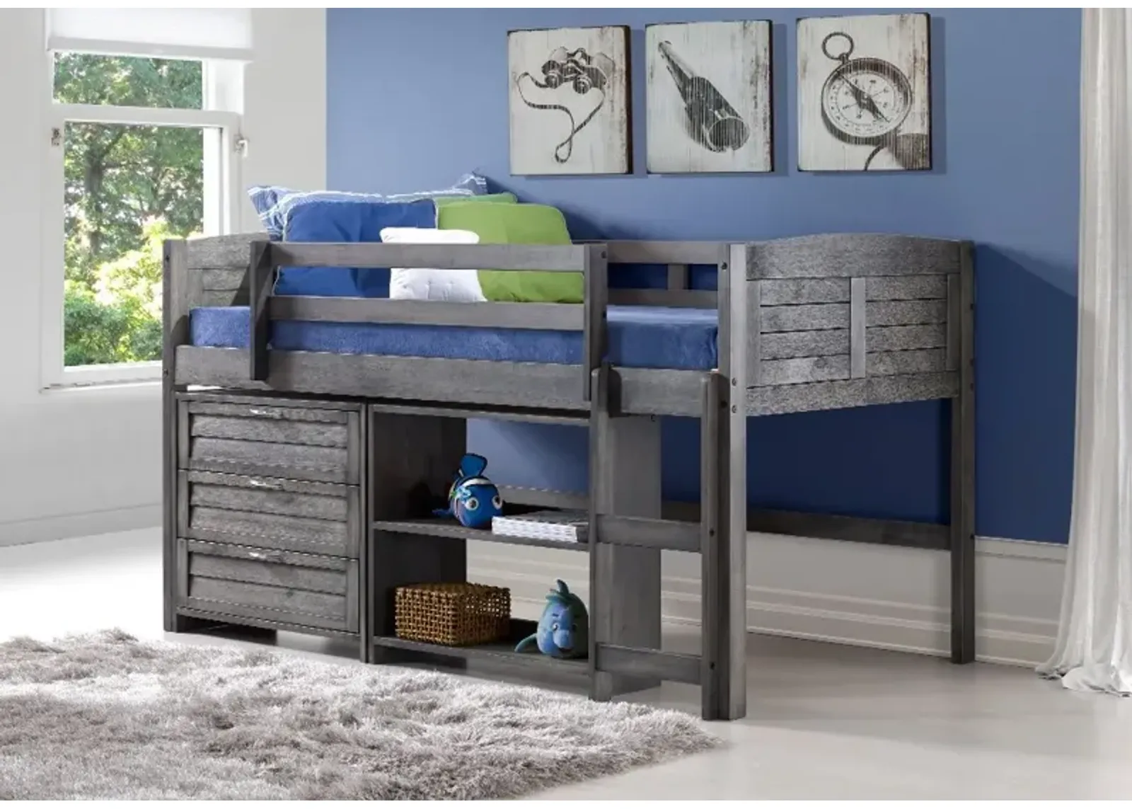 Louver Antique Gray Low Loft Bed Style C