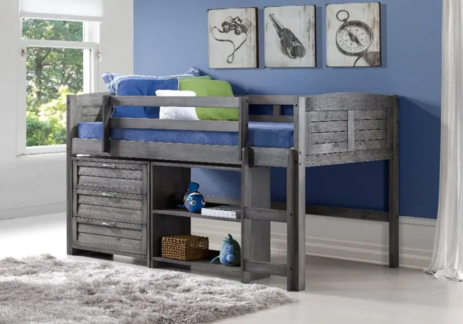 Louver Antique Gray Low Loft Bed Style C