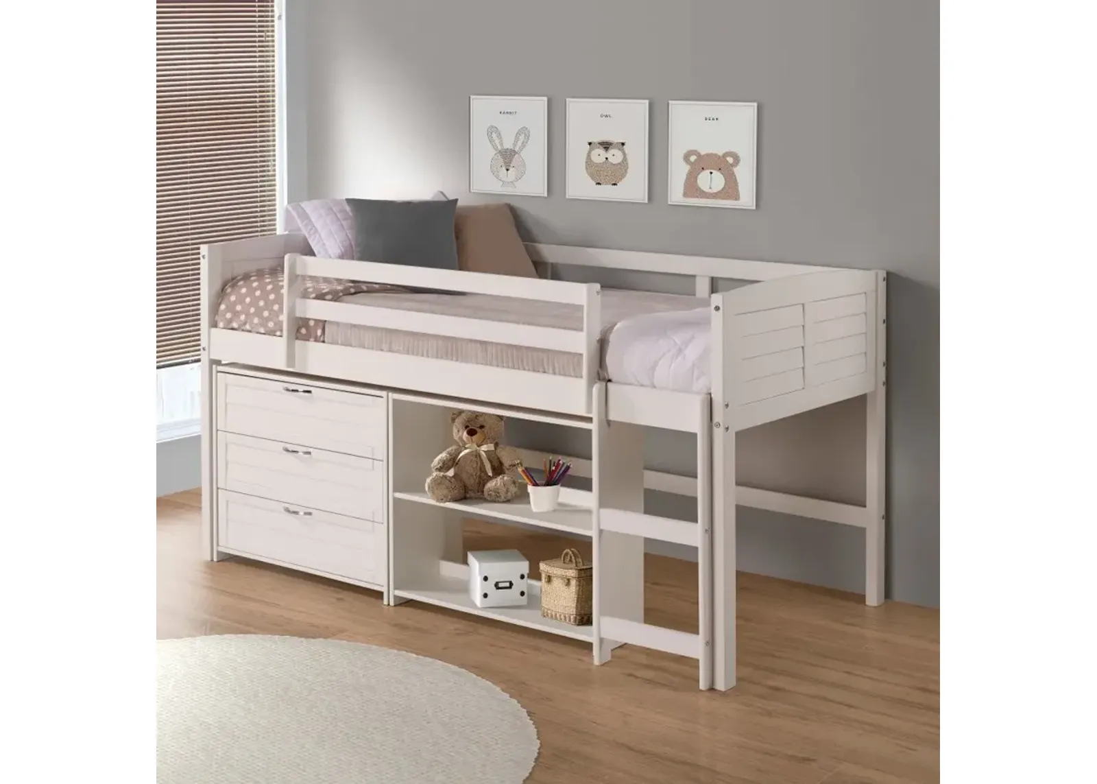 Louver White Low Loft Bed Style E