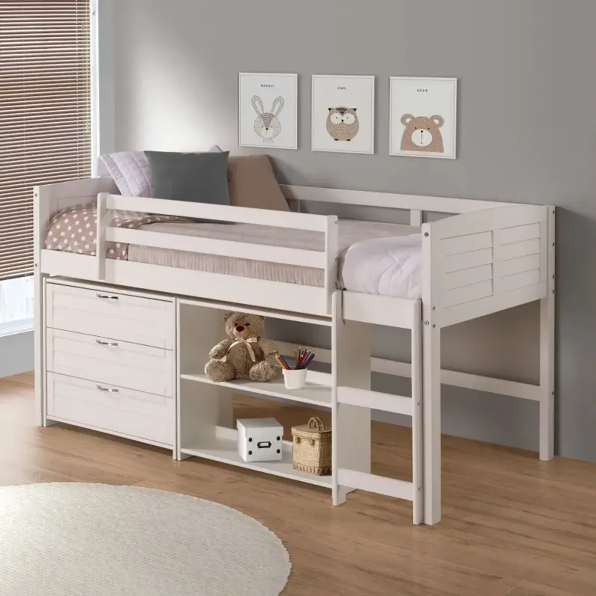 Louver White Low Loft Bed Style E