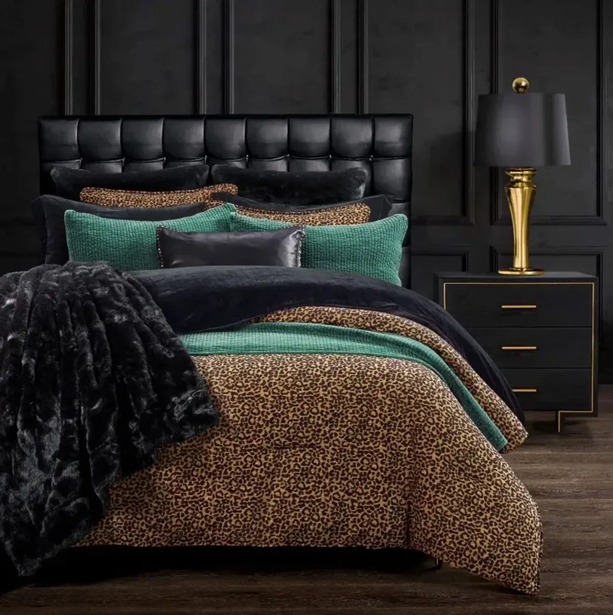 Adrienne Black and Gold Leopard King 3 Piece Bedding Collection