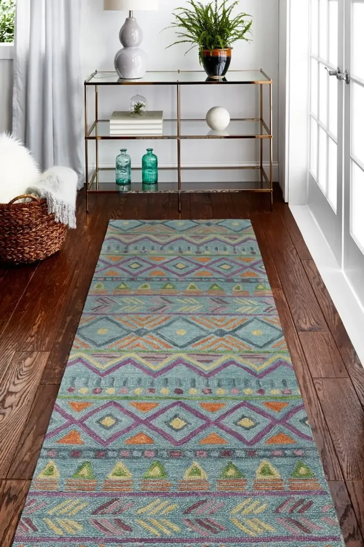 Valencia Naim Abstract Teal 8-Foot Runner Rug