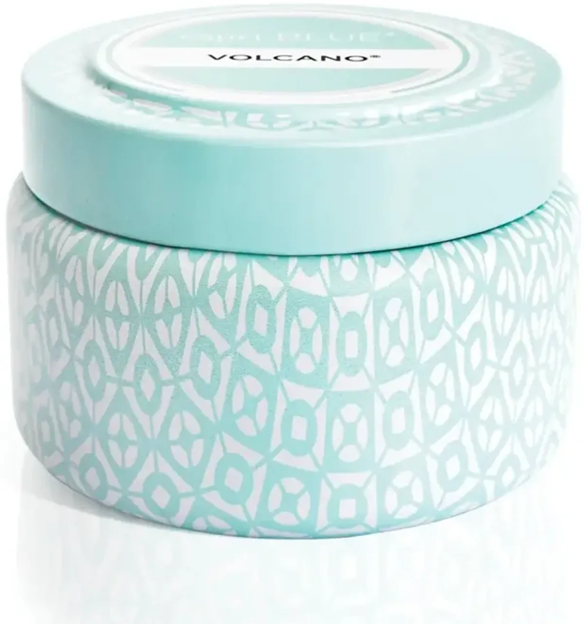 8.5 oz Volcano Signature Aqua and White Printed Travel Tin Candle