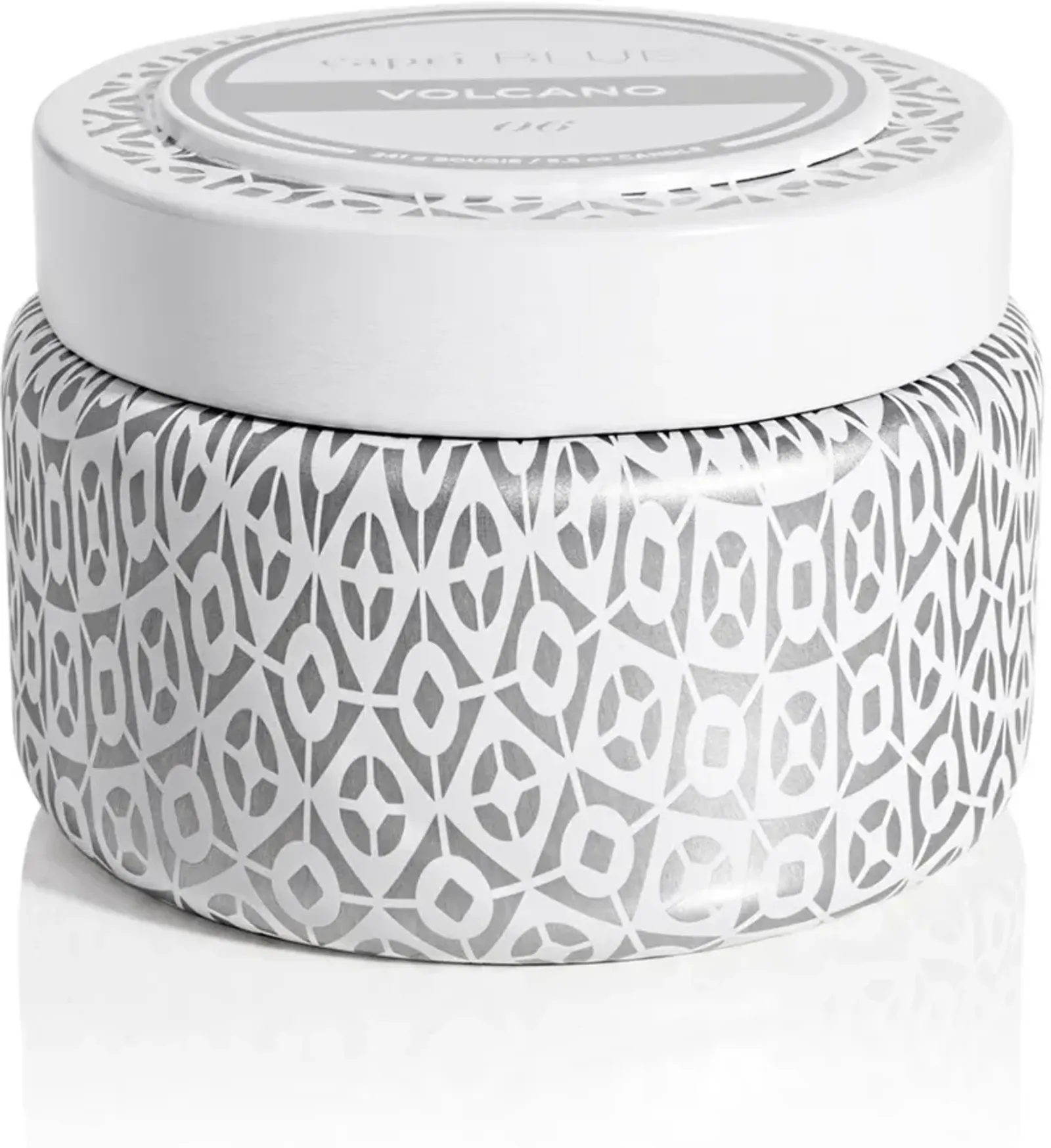 8.5 oz Volcano Signature White and Silver Printed Travel Tin Candle