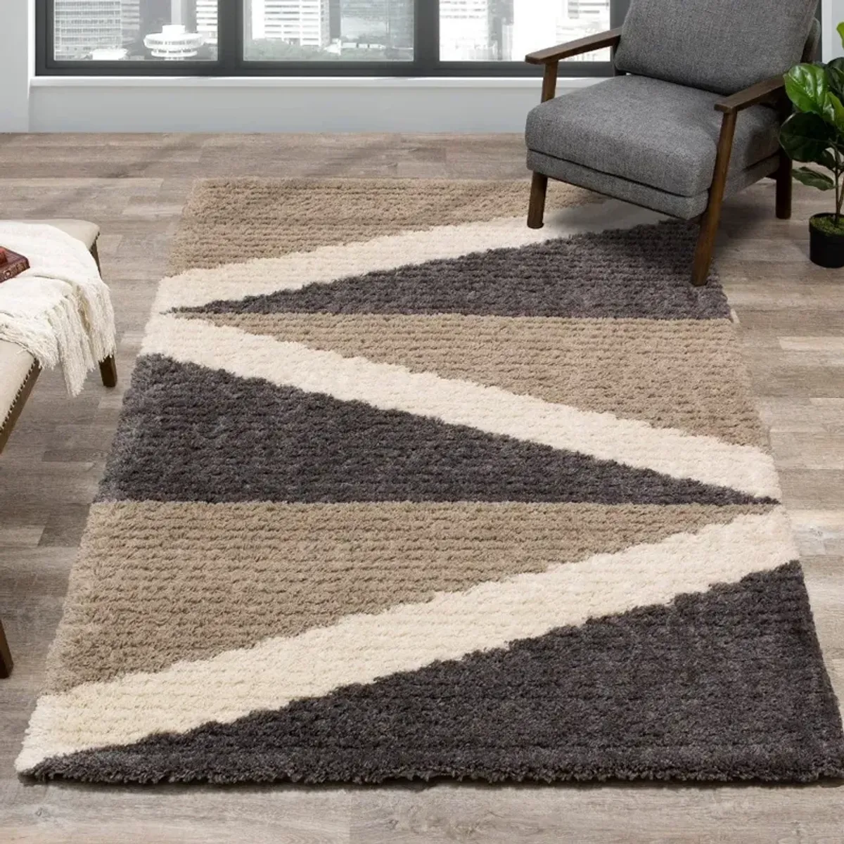 Rondo 8 x 11 Abstract Beige Cream Shag Rug