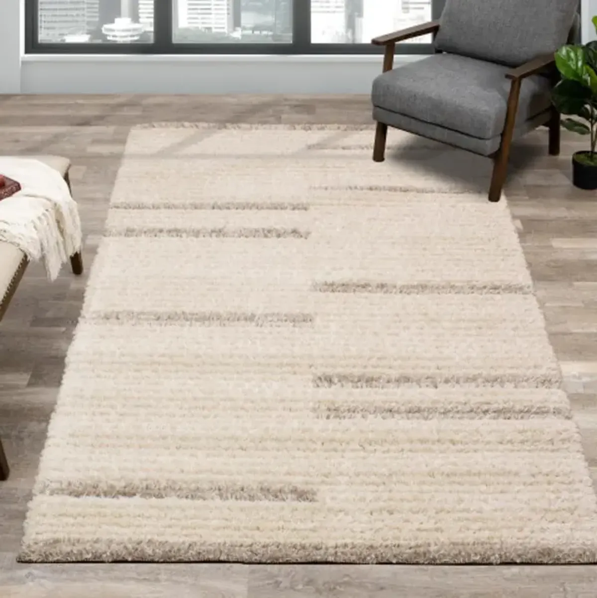 Rondo 8 x 11 Striped Cream Shag Rug