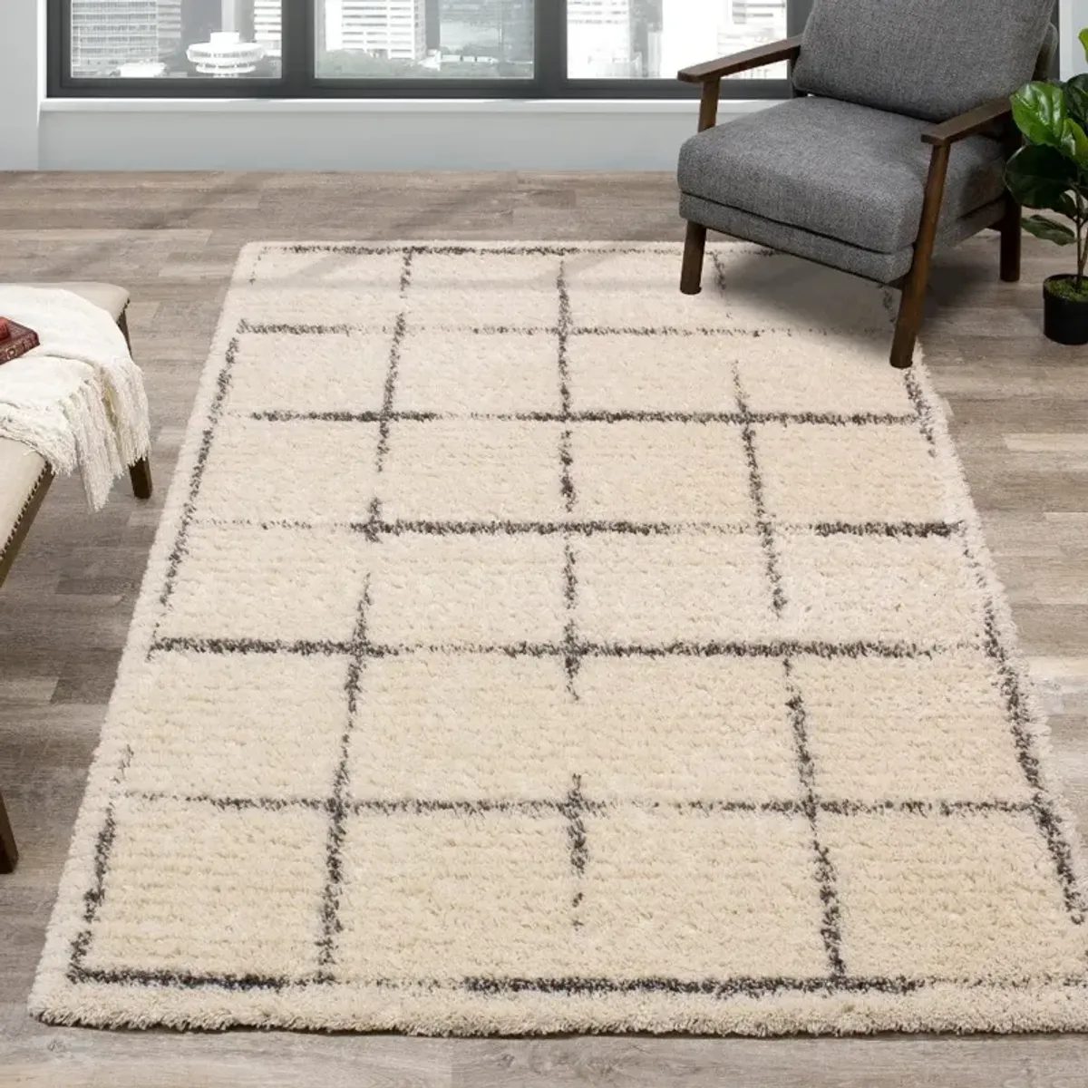 Rondo 8 x 11 Block Cream Gray Shag Rug