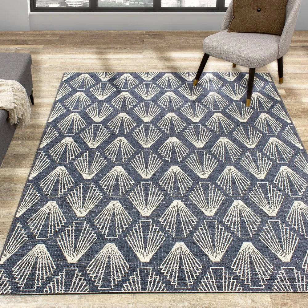 Vista 8 x 11 Art Deco Blue Cream Area Rug