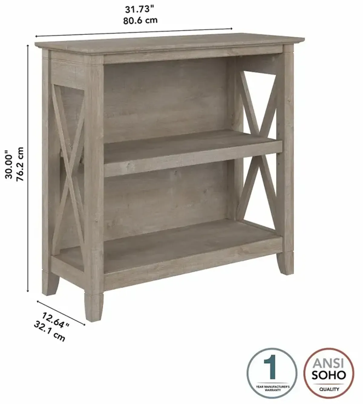 Key West Farmhouse Washed Gray 2-Shelf Bookcase - Bush Furniture