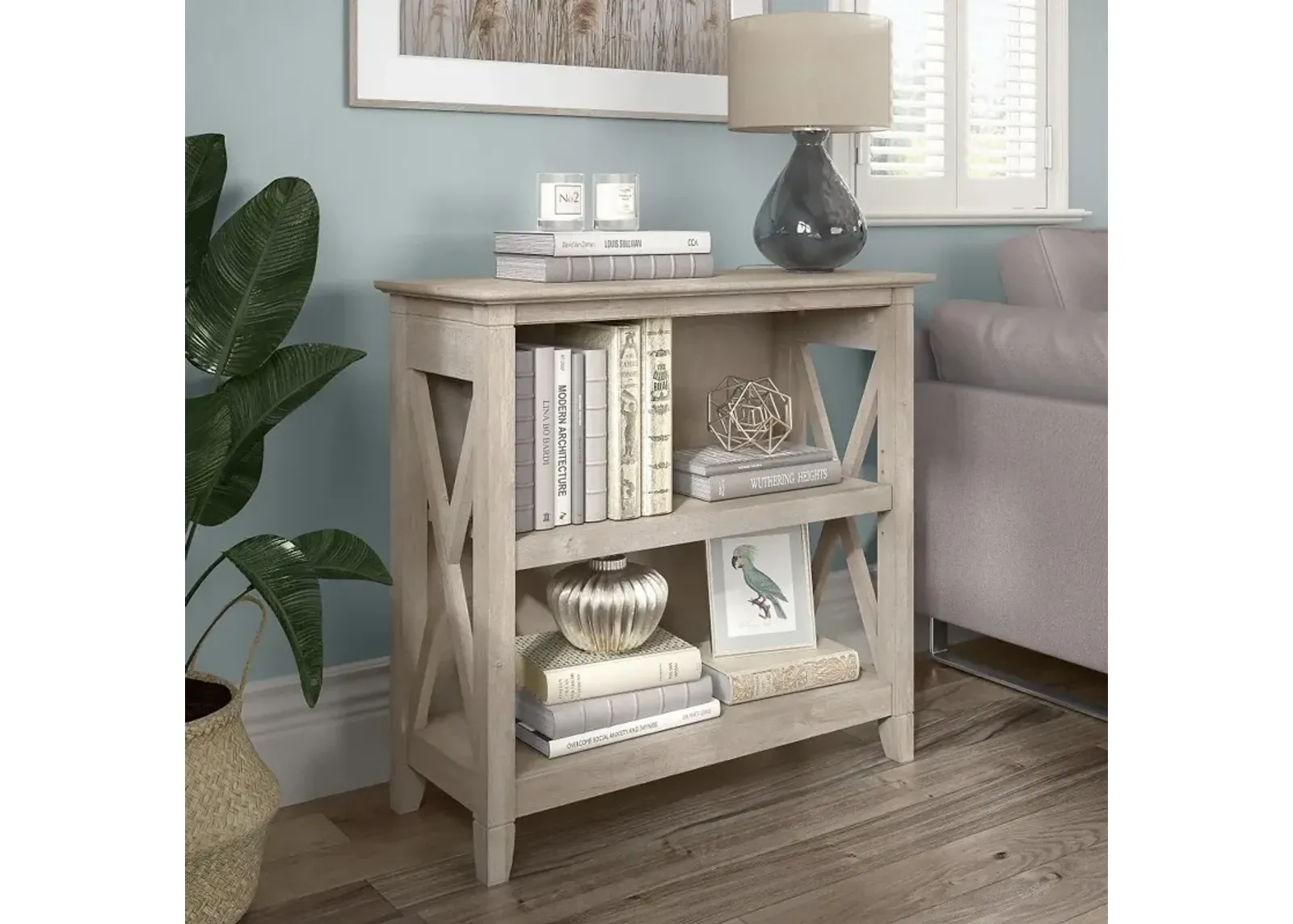 Key West Farmhouse Washed Gray 2-Shelf Bookcase - Bush Furniture