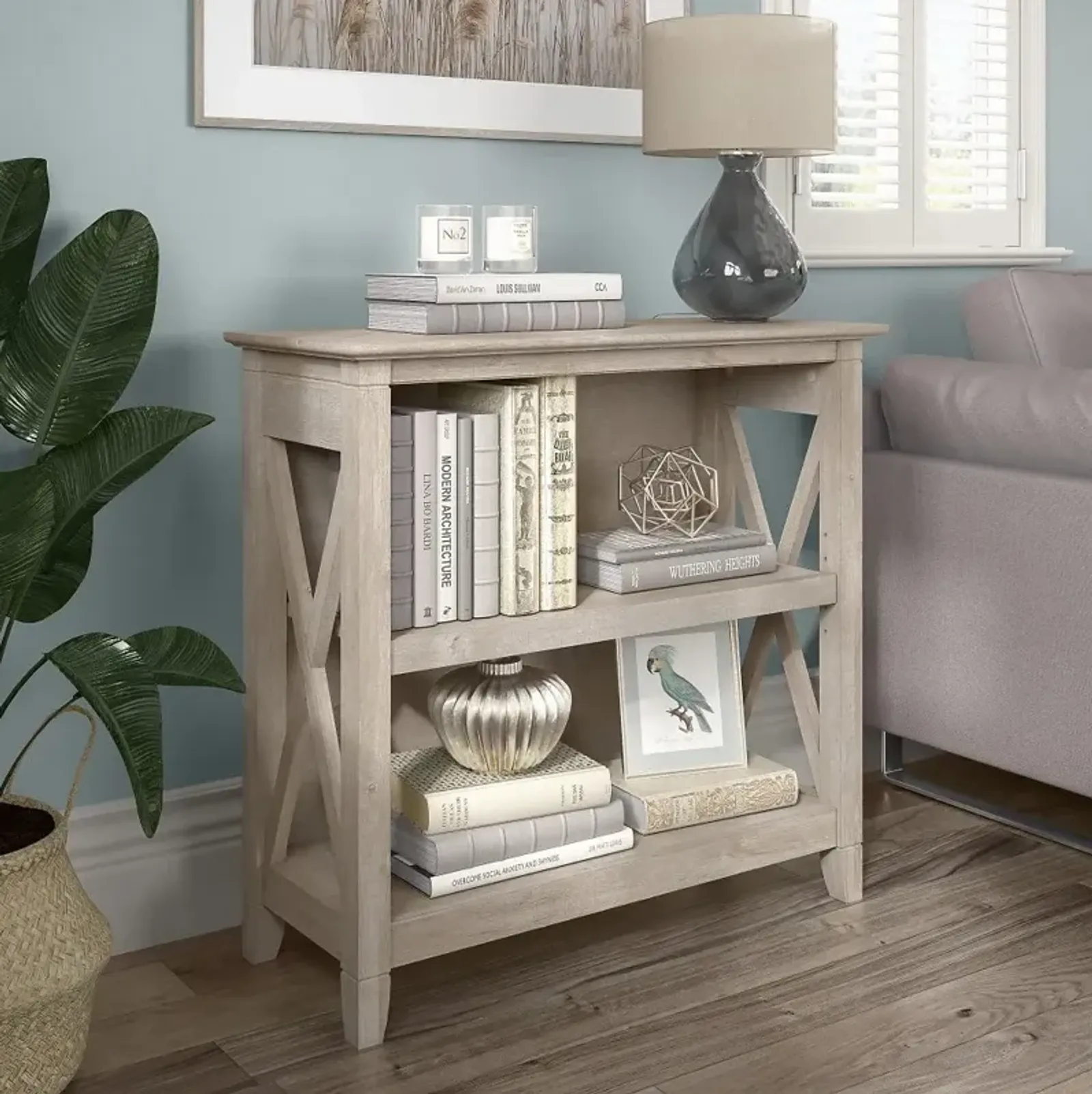 Key West Farmhouse Washed Gray 2-Shelf Bookcase - Bush Furniture