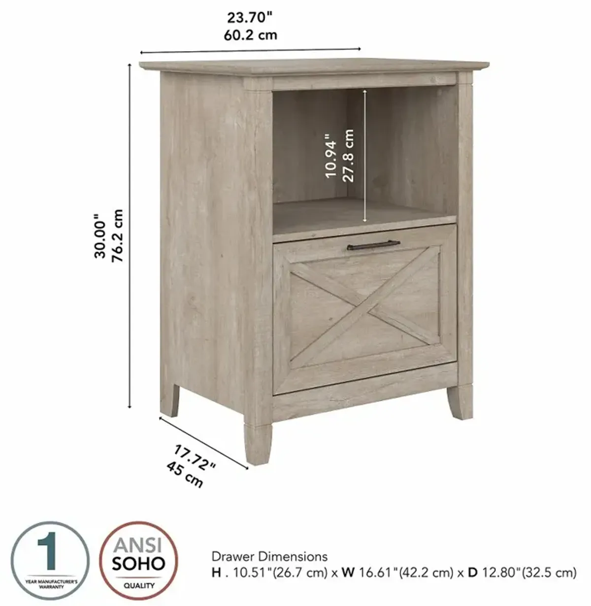 Key West Farmhouse Washed Gray 1-Drawer File Table Stand - Bush...