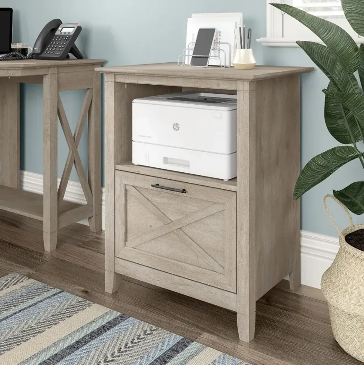 Key West Farmhouse Washed Gray 1-Drawer File Table Stand - Bush Furniture