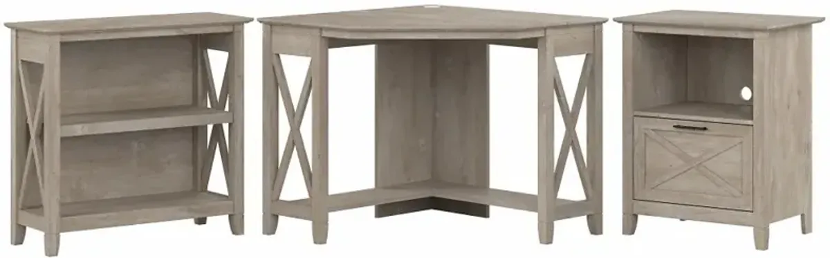 Key West Farmhouse Washed Gray Corner Desk with 2-Shelf Bookcase,...