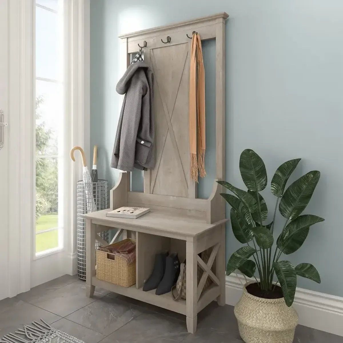 Key West Farmhouse Washed Gray Shoe Bench and Hall Tree - Bush...