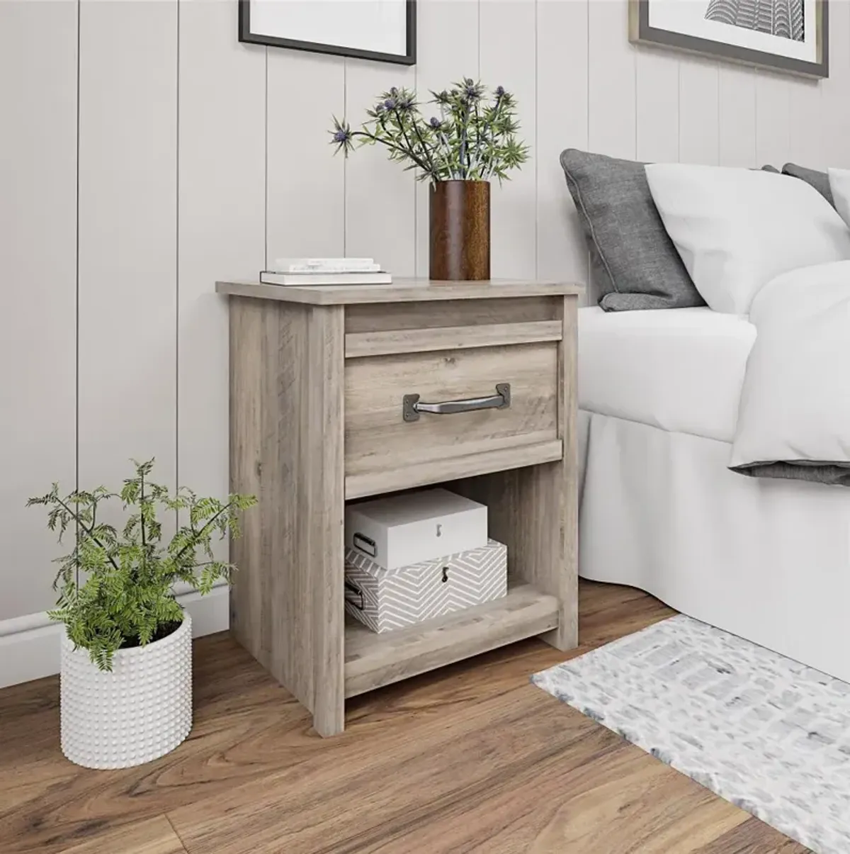 Bassinger Transitional Gray Oak Nightstand