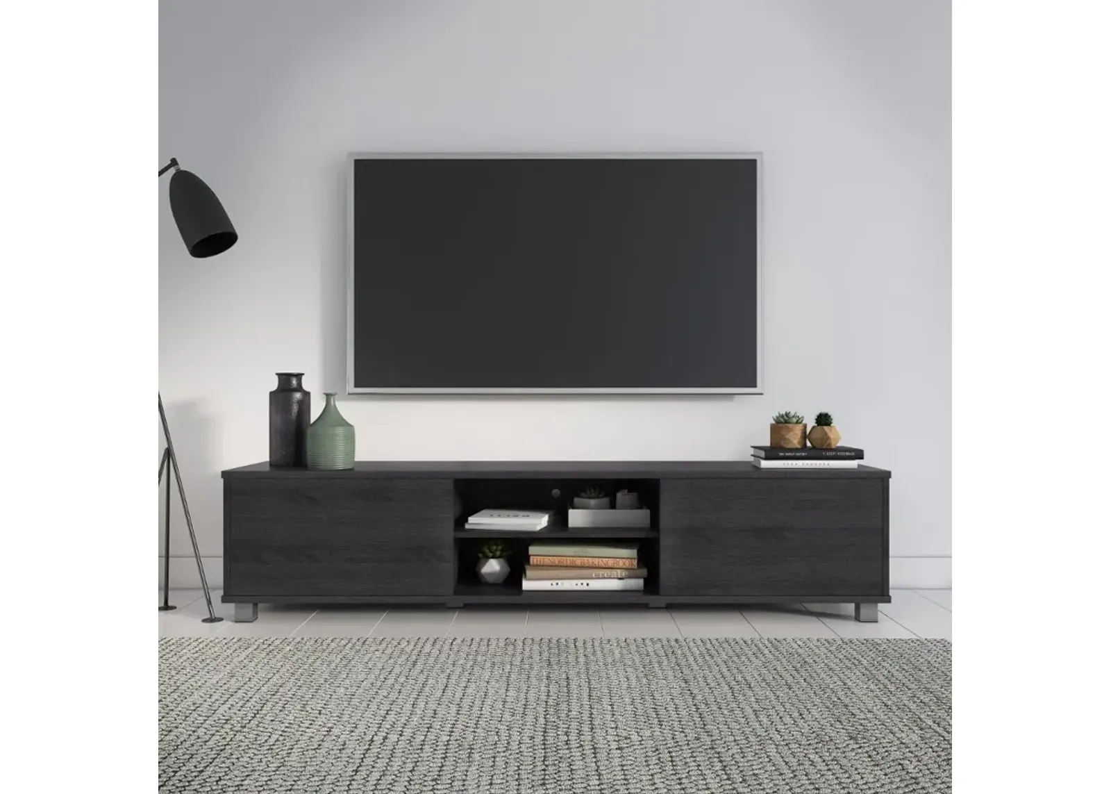 Hollywood Modern 71" Dark Grey Wood Grain TV Stand with Doors