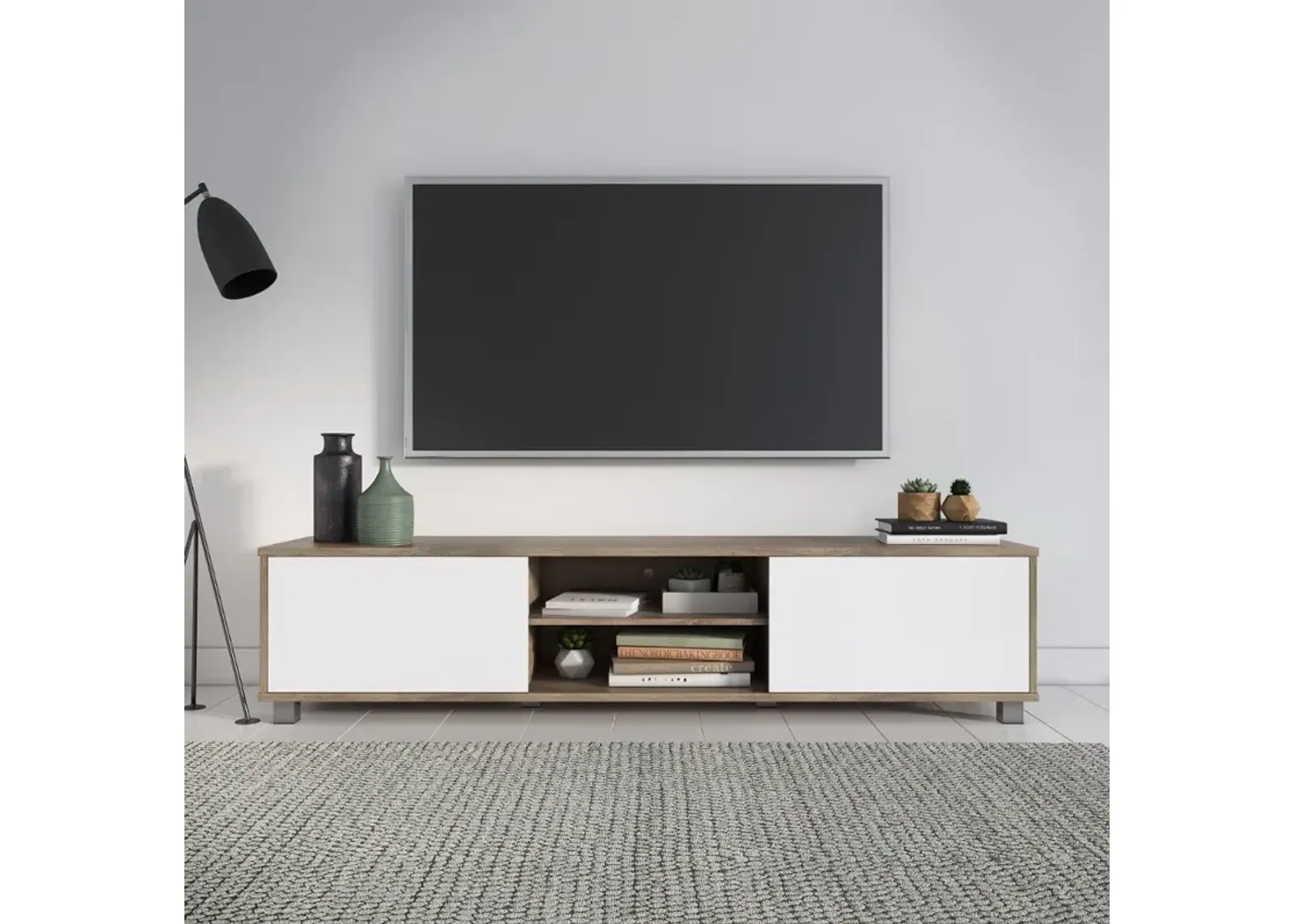 Hollywood Modern 71" White and Brown Wood Grain TV Stand with...