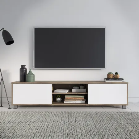 Hollywood Modern 71" White and Brown Wood Grain TV Stand with...
