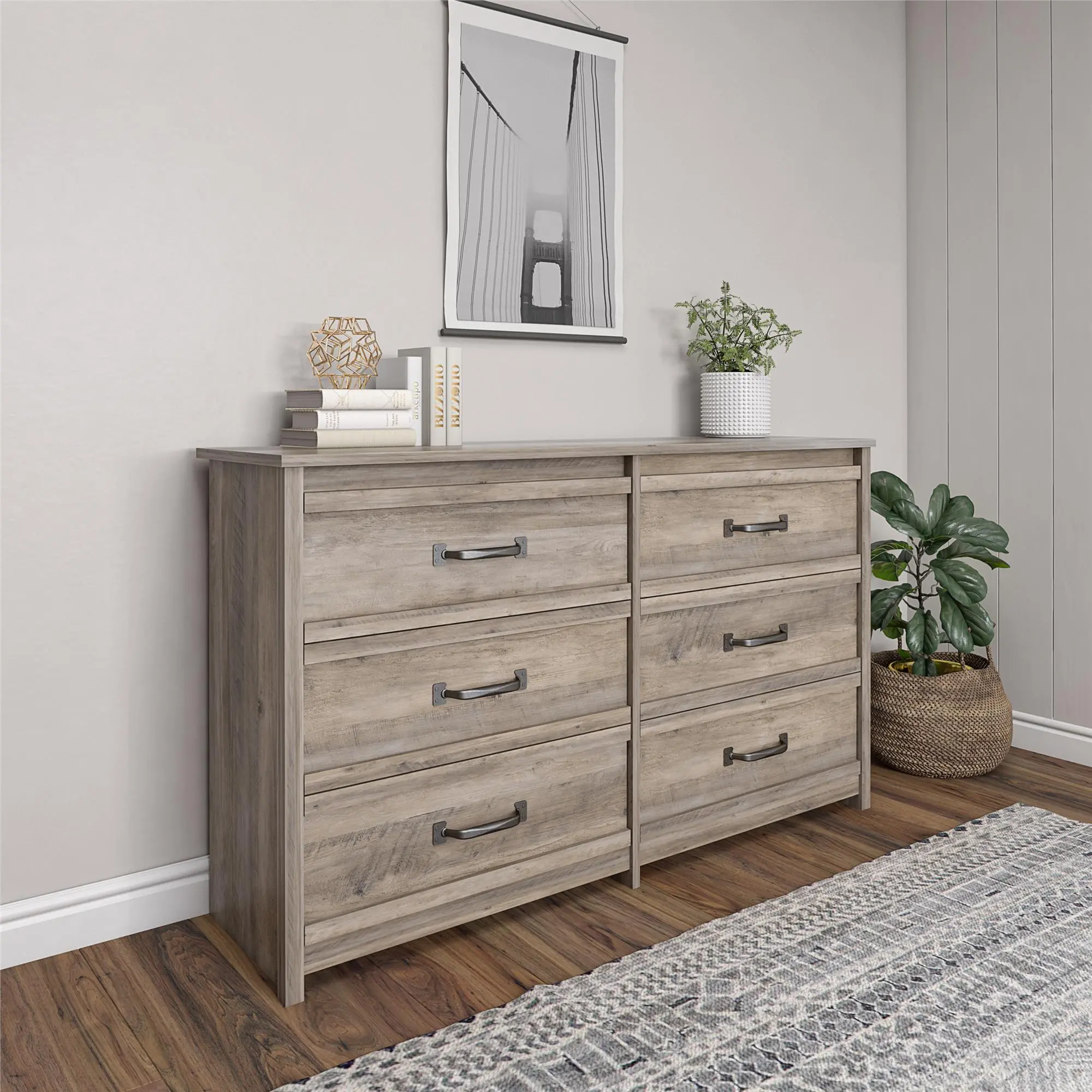 Bassinger Transitional Gray Oak 6-Drawer Dresser