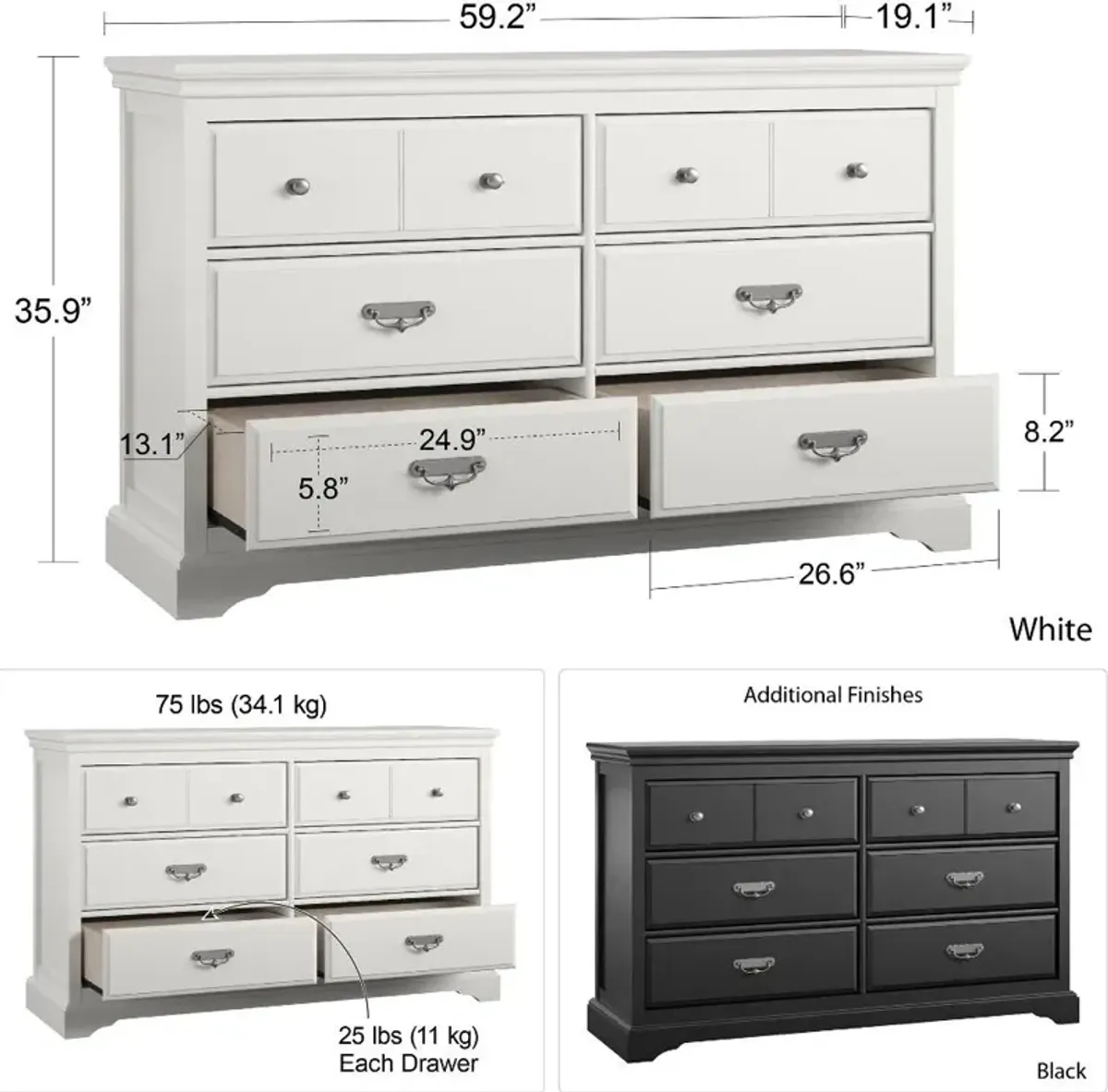 Bristol Traditional White 6-Drawer Dresser