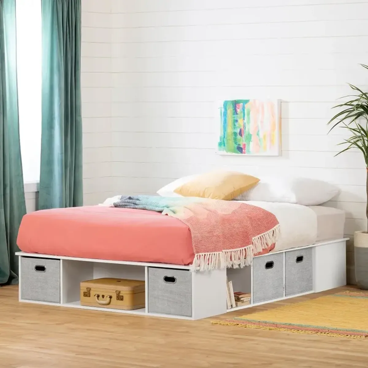 White Full Platform Bed with Storage and Baskets - South Shore