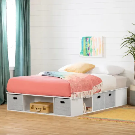 White Full Platform Bed with Storage and Baskets - South Shore