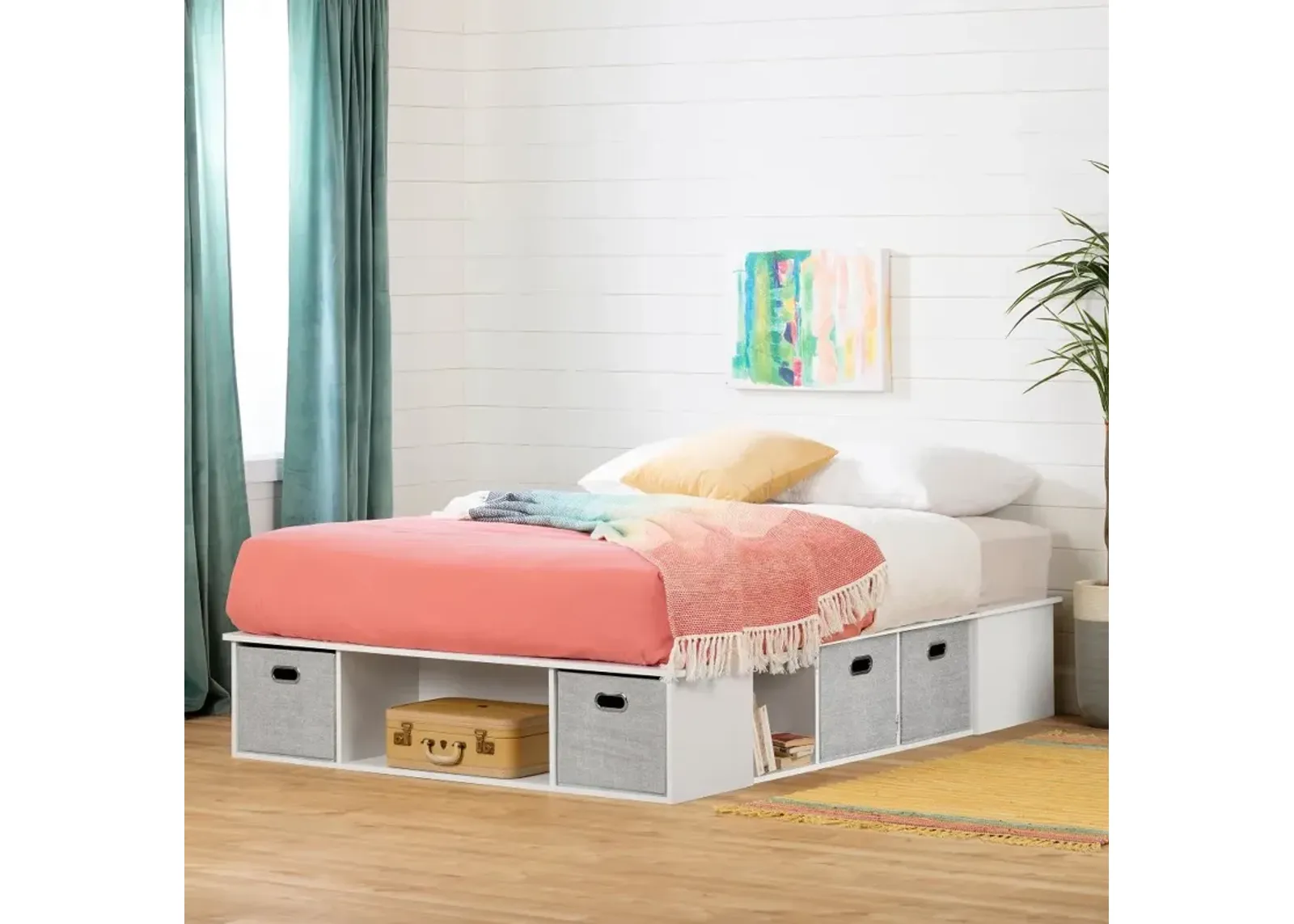 White Queen Platform Bed with Storage and Baskets - South Shore