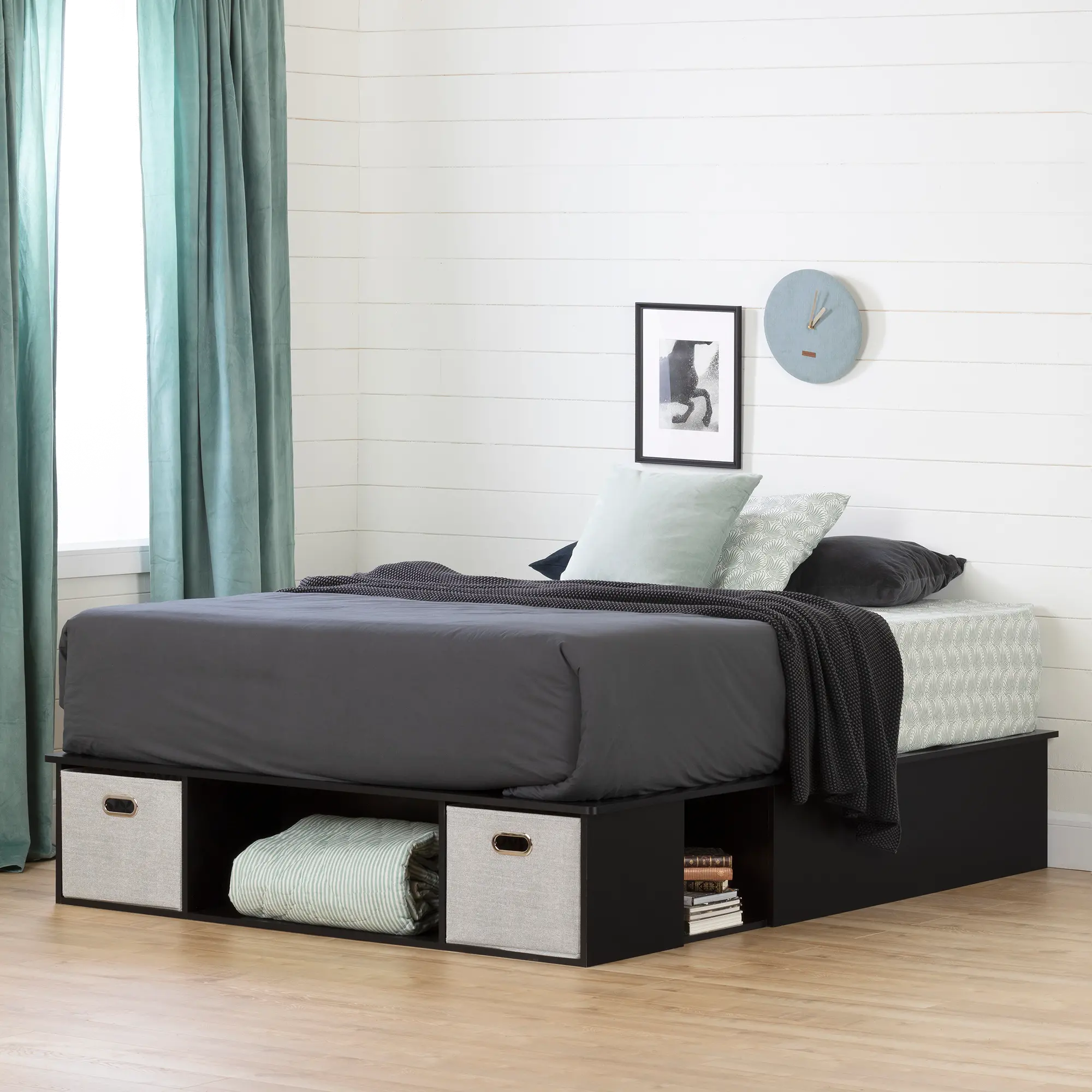 Vito Black Full Platform Bed with Storage and Baskets - South Shore