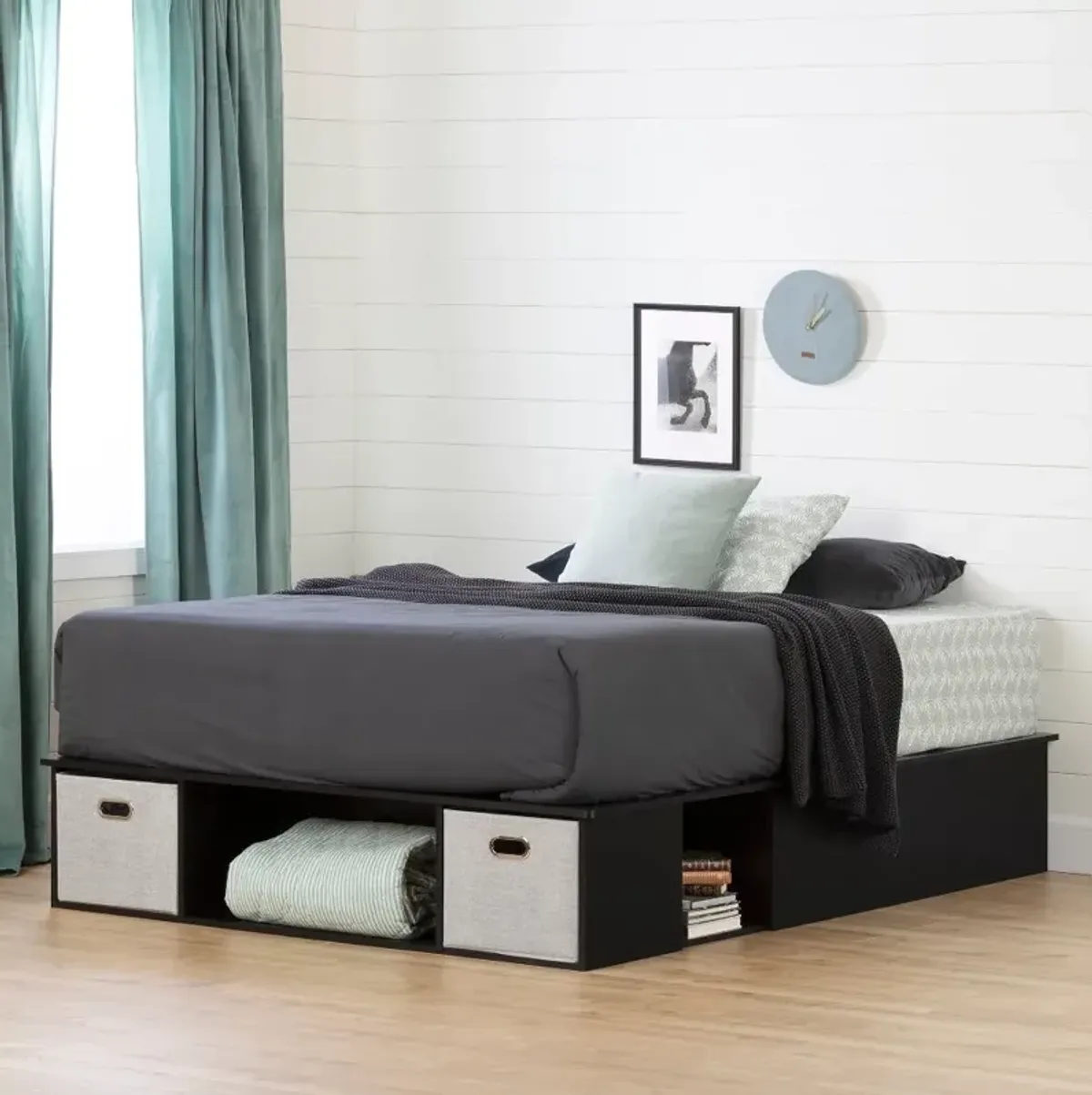 Vito Black Full Platform Bed with Storage and Baskets - South Shore