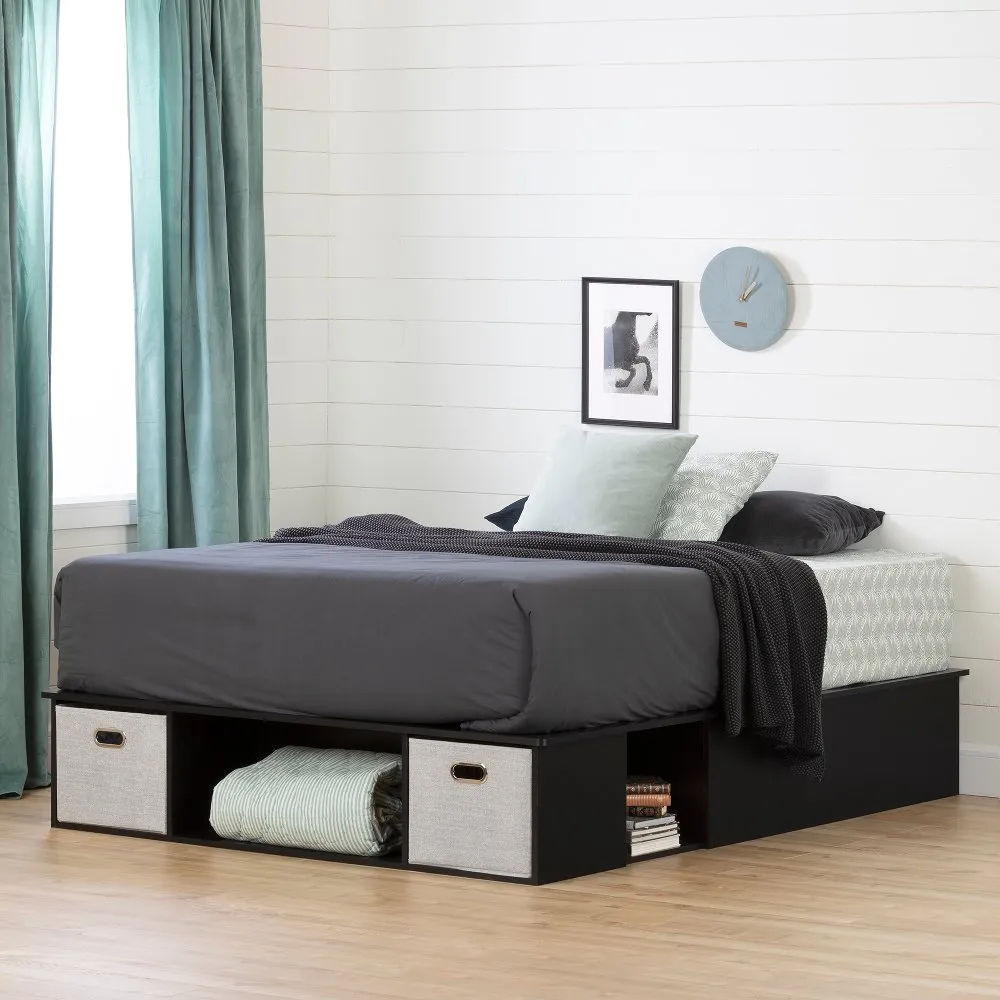 Vito Black Full Platform Bed with Storage and Baskets - South Shore