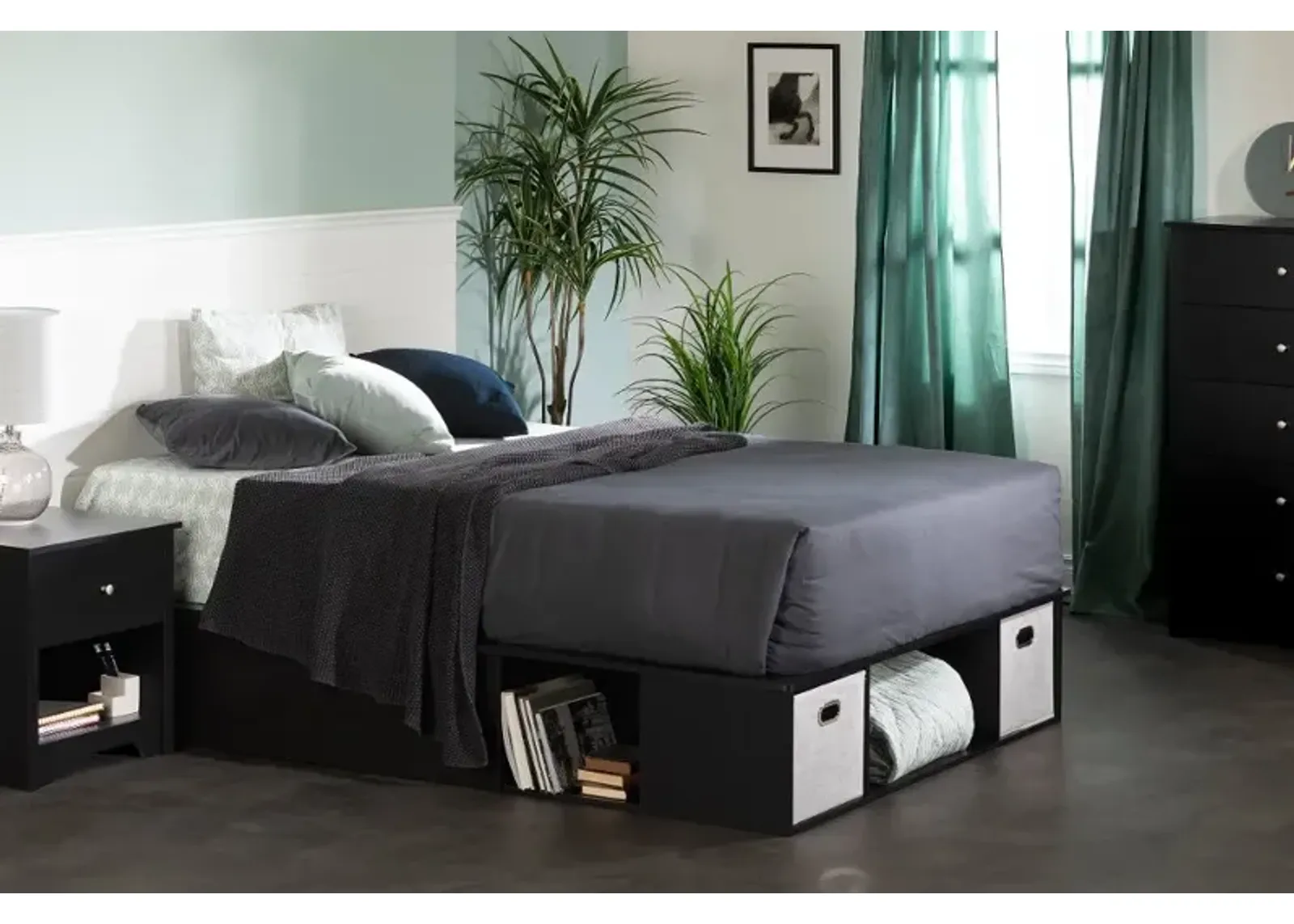 Vito Black Full Platform Bed with Storage and Baskets - South Shore