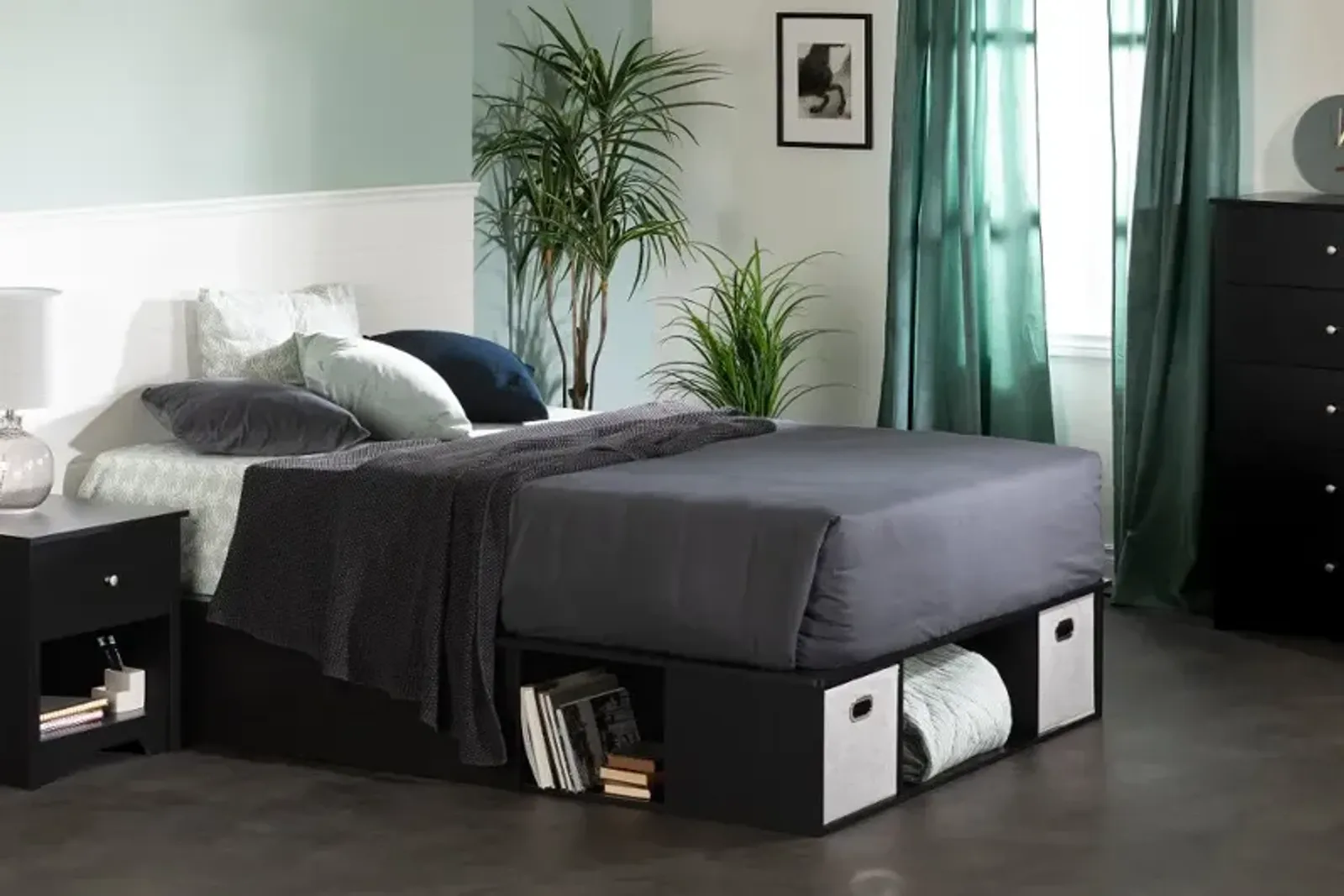 Vito Black Full Platform Bed with Storage and Baskets - South Shore