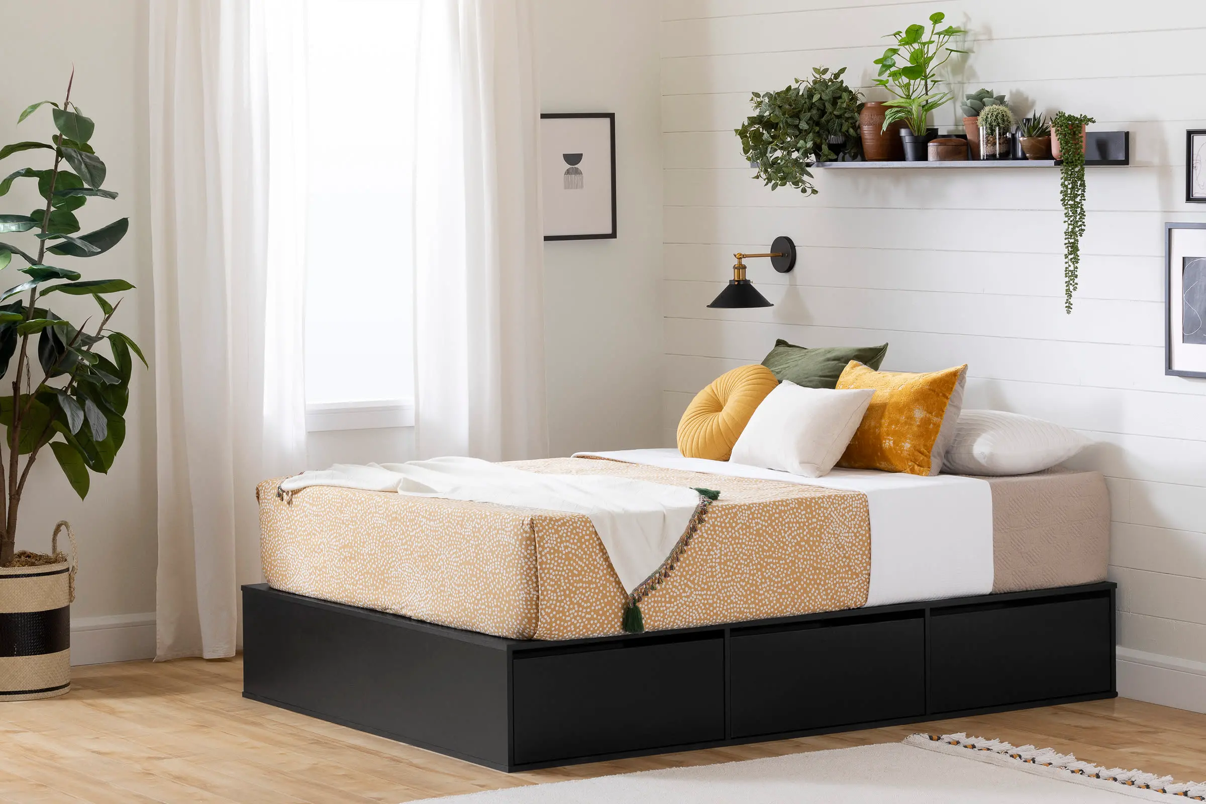 Fusion Black Queen Platform Bed with Six Drawers for Storage -...