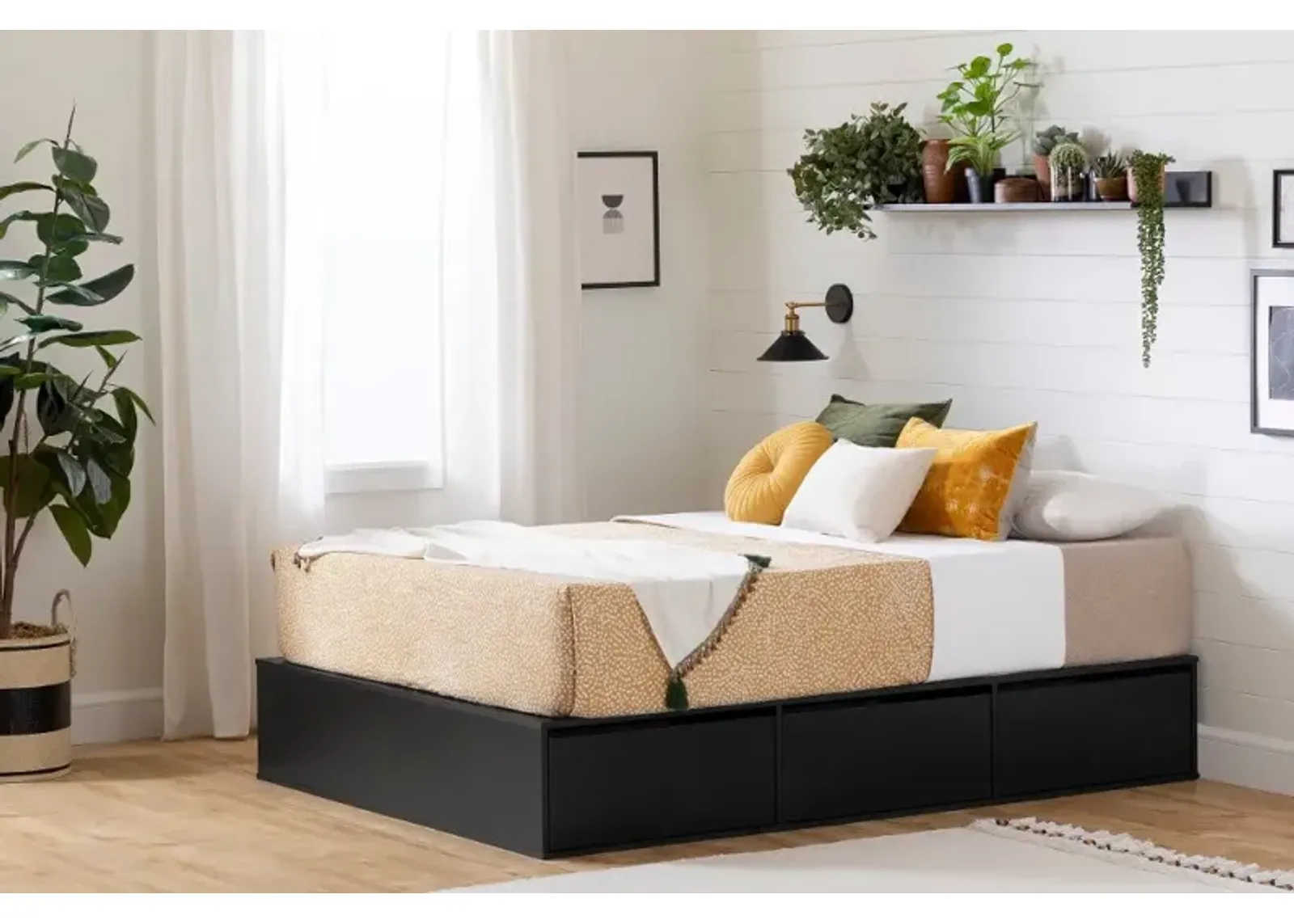 Fusion Black Queen Platform Bed with Six Drawers for Storage -...