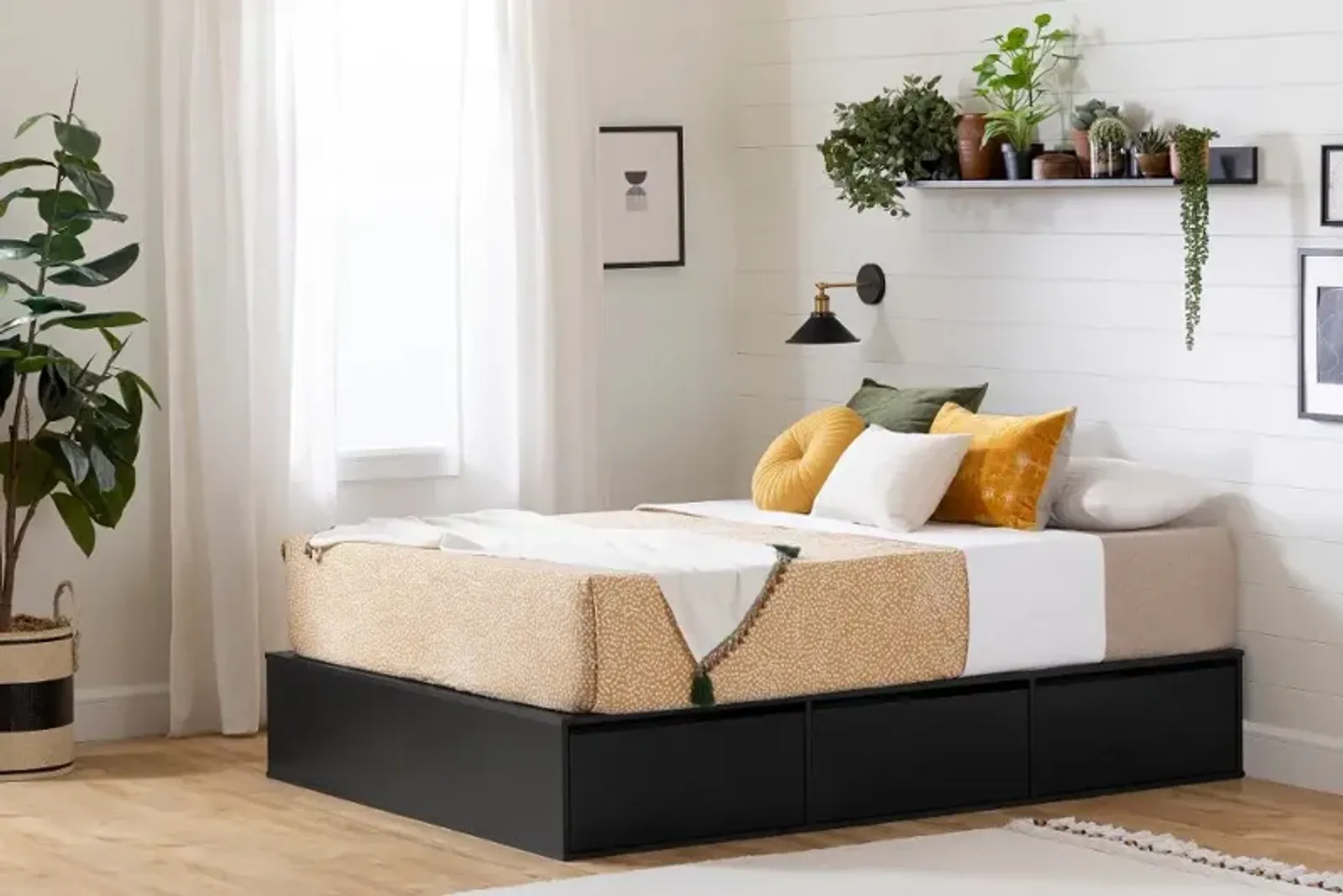 Fusion Black Queen Platform Bed with Six Drawers for Storage -...