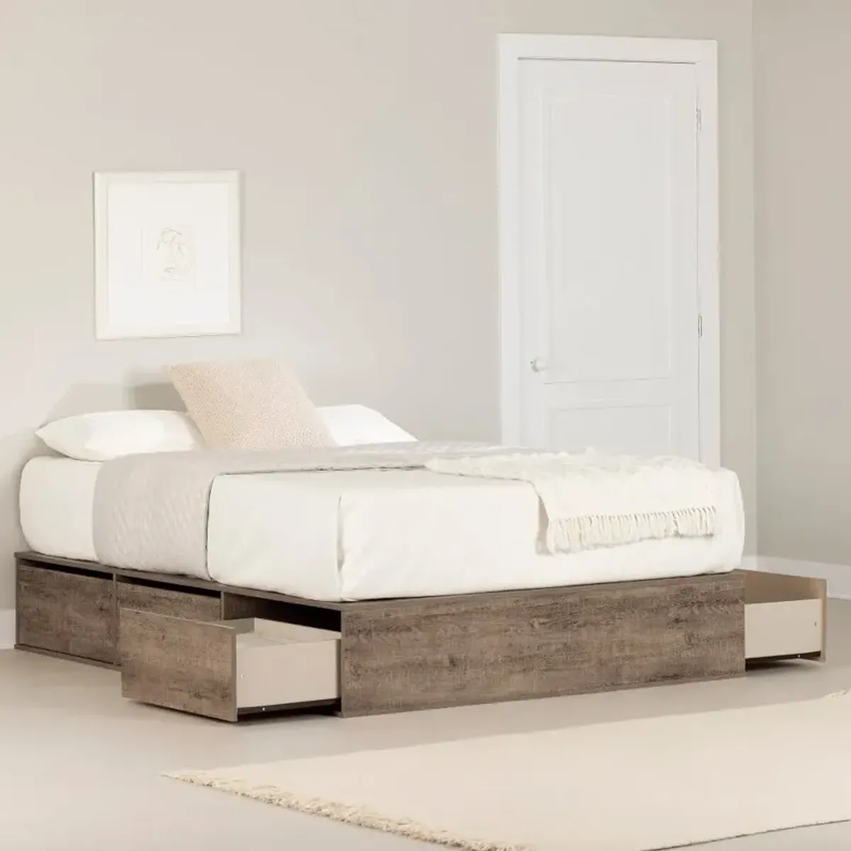 Fusion Weathered Oak Queen Platform Bed with Six Drawers for...