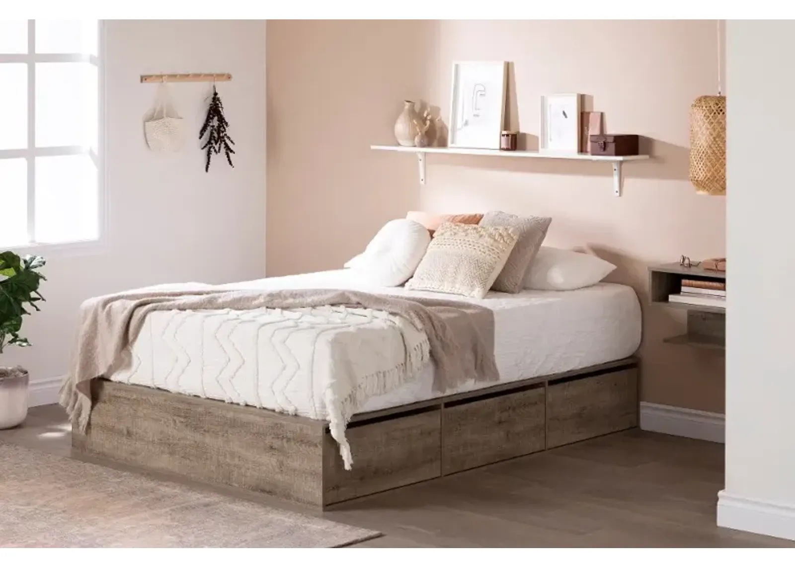 Fusion Weathered Oak Queen Platform Bed with Six Drawers for...