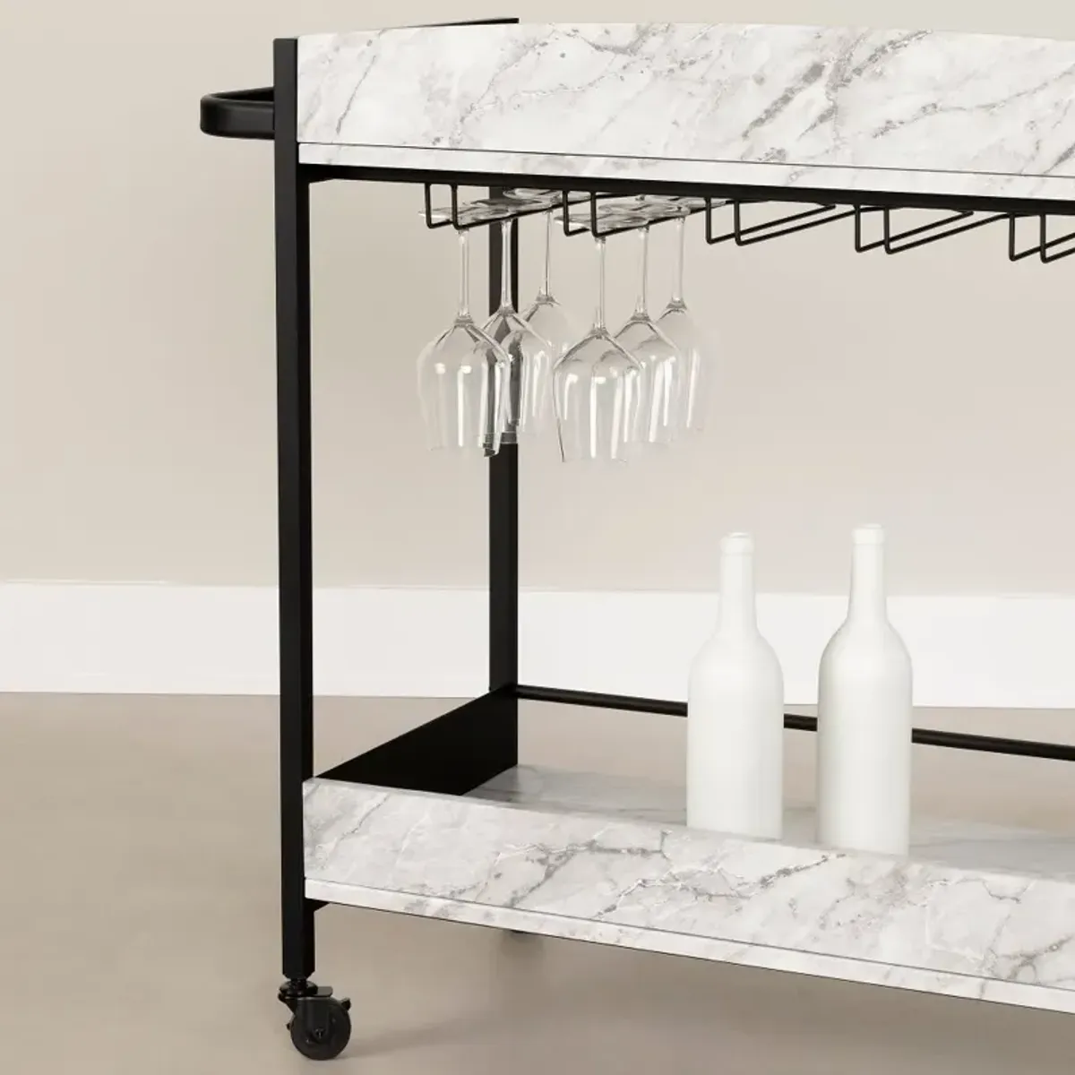 City Life Black and Faux Carrara Marble Bar Cart - South Shore