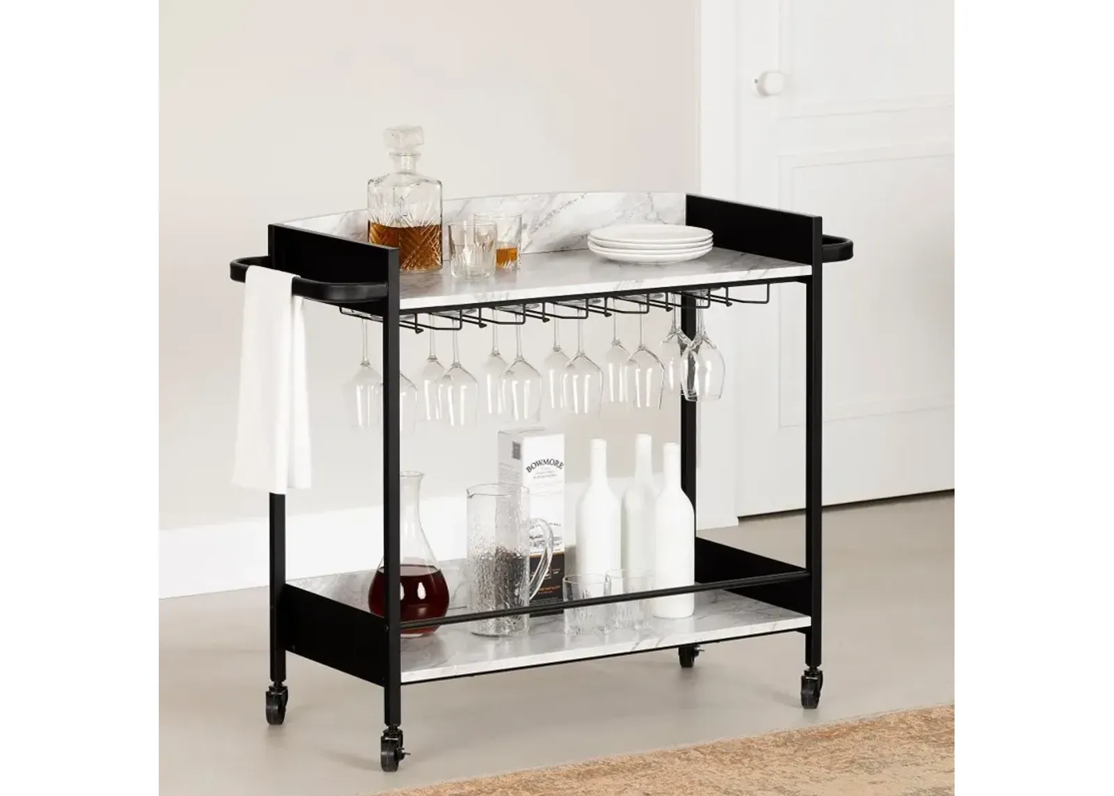 City Life Black and Faux Carrara Marble Bar Cart - South Shore