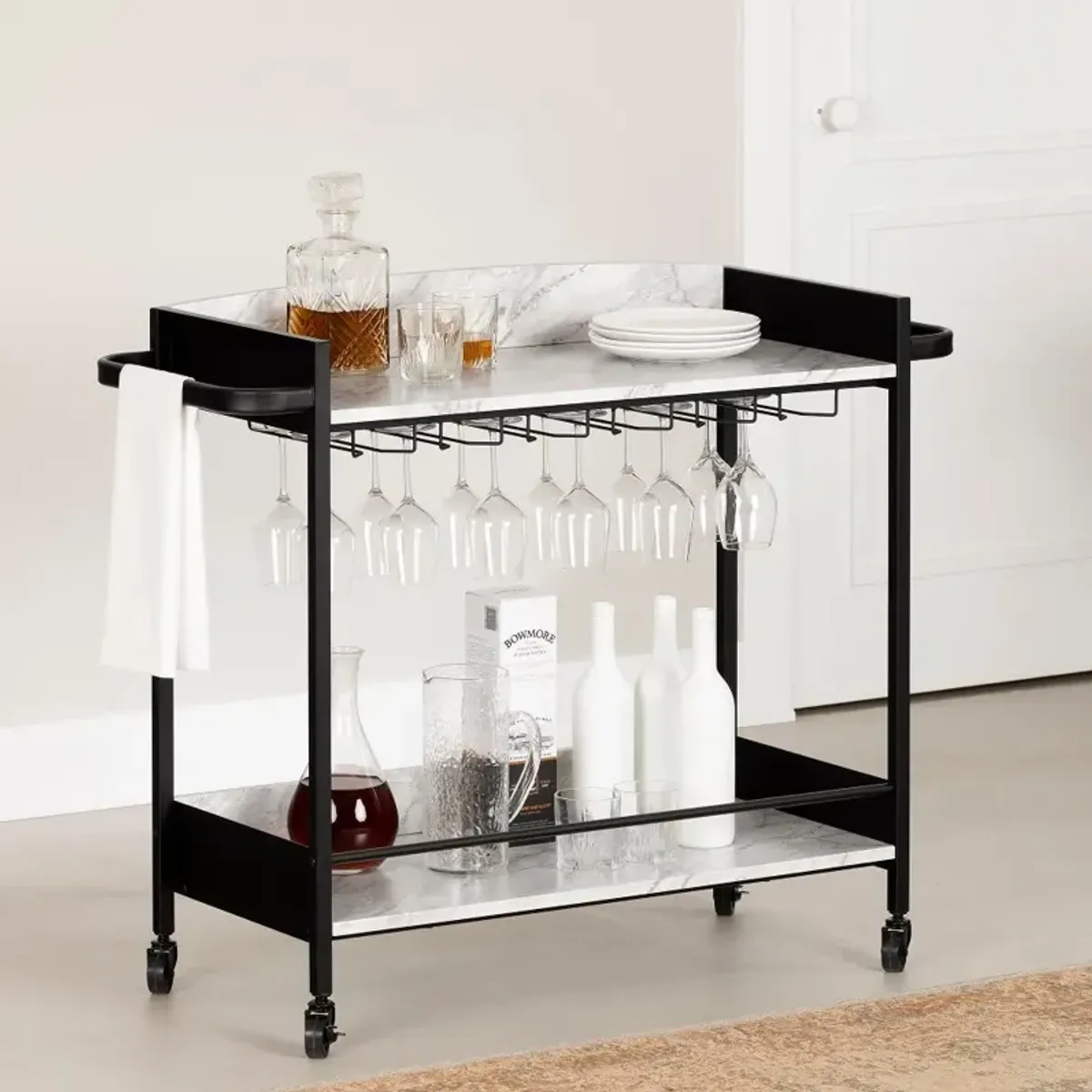 City Life Black and Faux Carrara Marble Bar Cart - South Shore